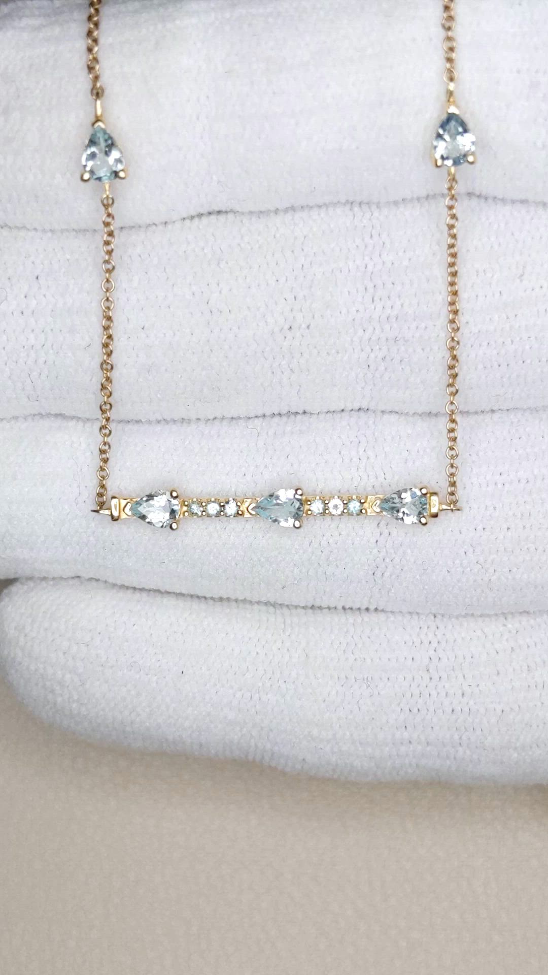 0.74 Ct. Blue Aquamarine and Bluish Green Aquamarine Accent Stones Necklace, 14K Yellow Gold Size Video