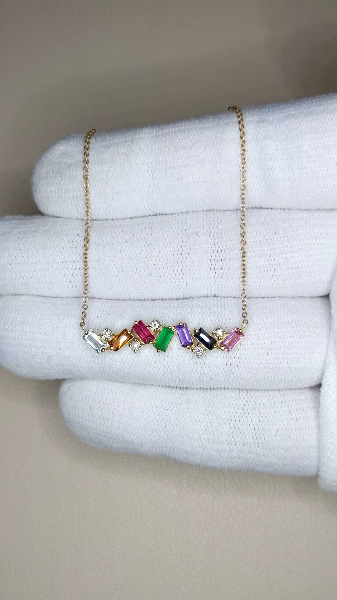 0.97&nbsp;Ct.Tw.Total Carat Weight Sapphire, Aquamarine, Ruby, Emerald, Amethyst and Natural Diamond Accent Stones Necklace, 14K Yellow Gold Size Video