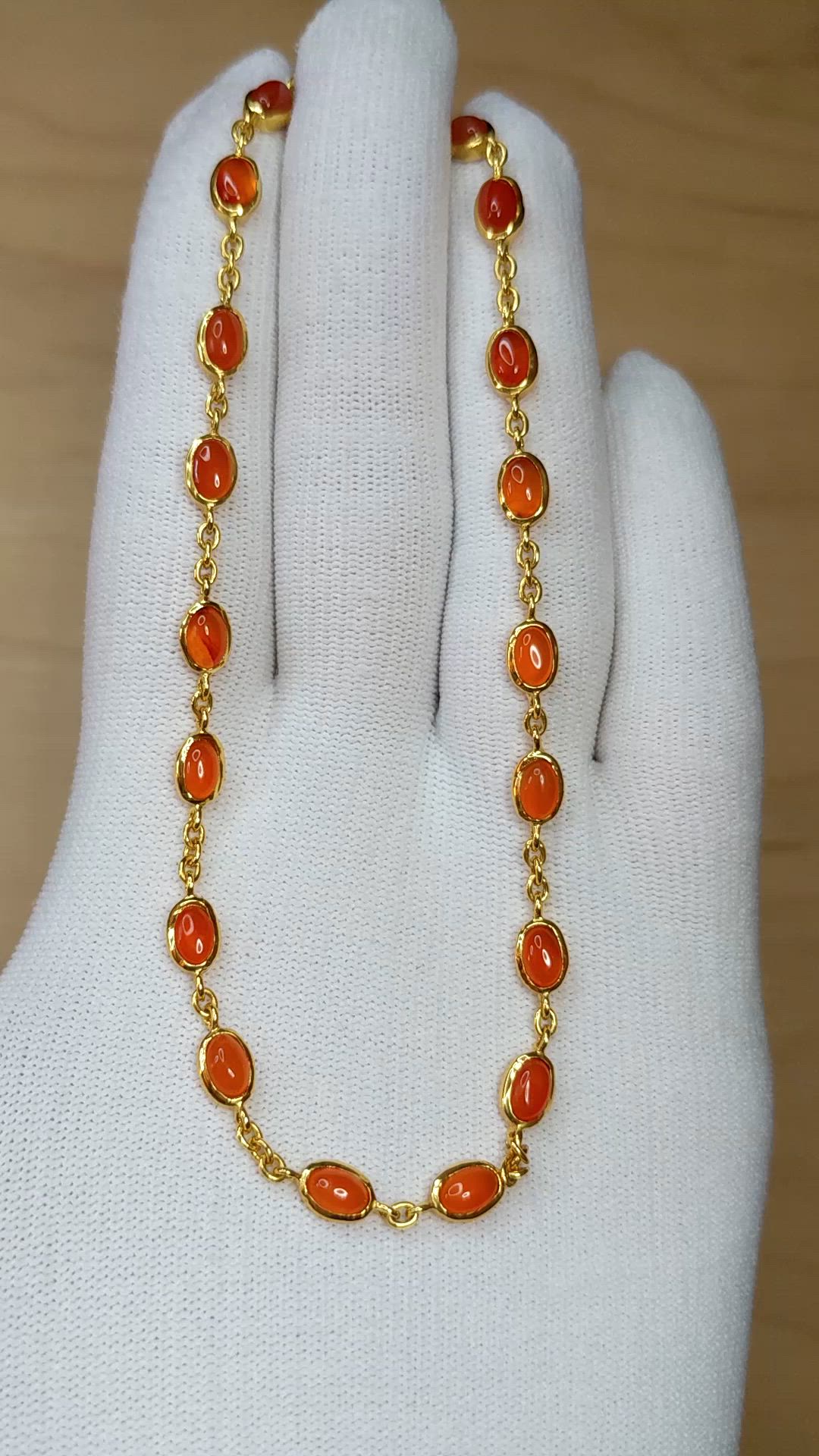 21.50 Ct. Orange Carnelian Bezel Necklace, 22K Gold Plated Silver Size Video