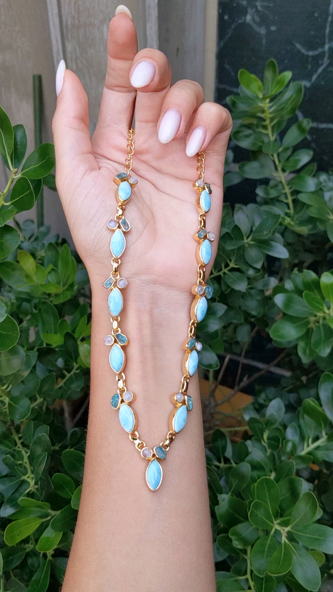 13.20 Ct. Blue Larimar, Greenish Blue Apatite and Rainbow Moonstone Bezel Necklace, 18K Gold Plated Silver Size Video