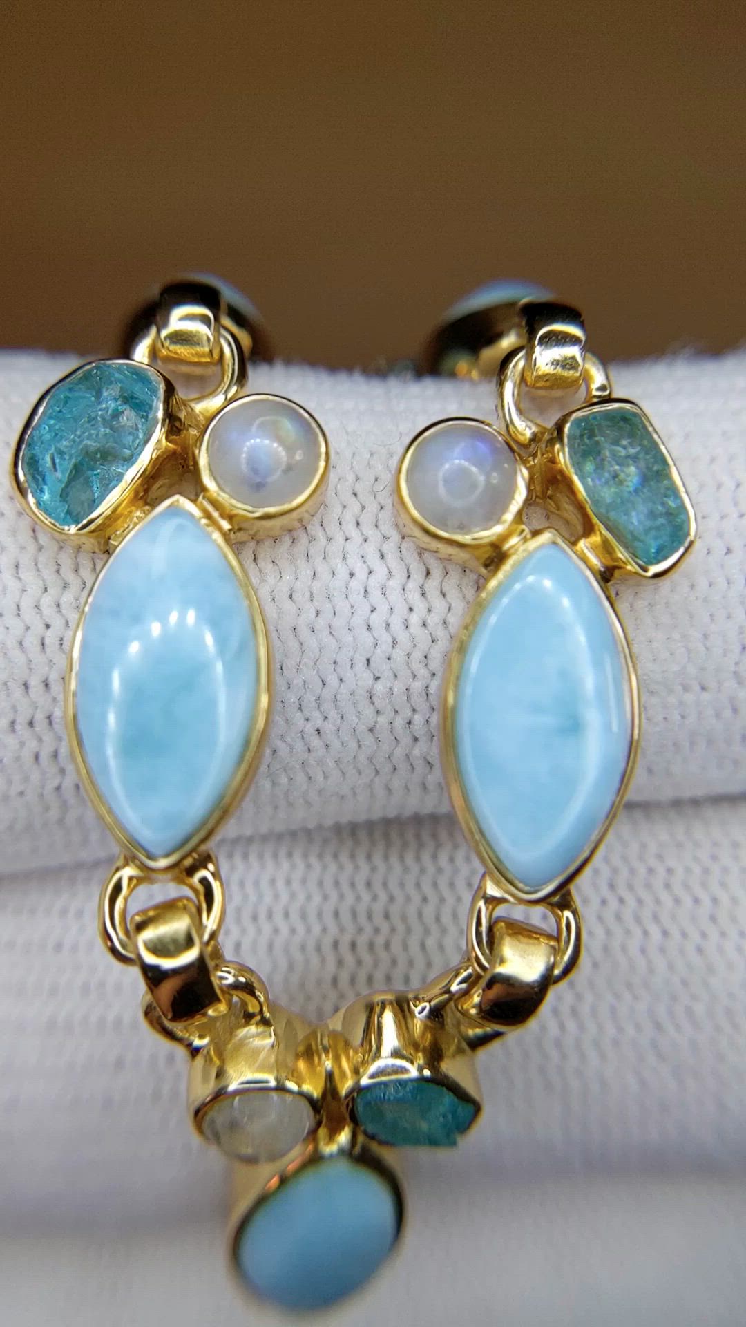 13.20 Ct. Blue Larimar, Greenish Blue Apatite and Rainbow Moonstone Bezel Necklace, 18K Gold Plated Silver Size Video