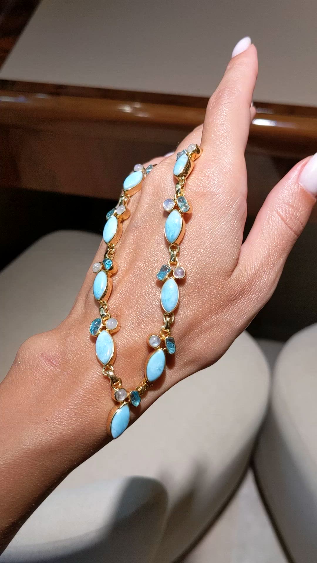 13.20 Ct. Blue Larimar, Greenish Blue Apatite and Rainbow Moonstone Bezel Necklace, 18K Gold Plated Silver Size Video