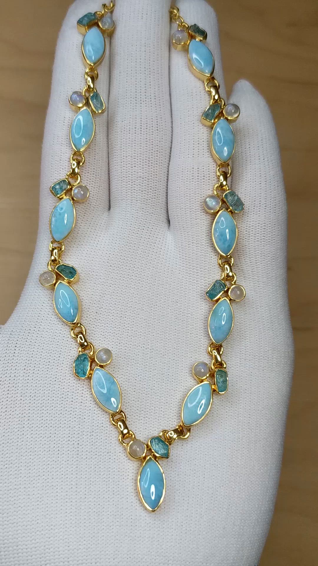 13.20 Ct. Blue Larimar, Greenish Blue Apatite and Rainbow Moonstone Bezel Necklace, 18K Gold Plated Silver Size Video