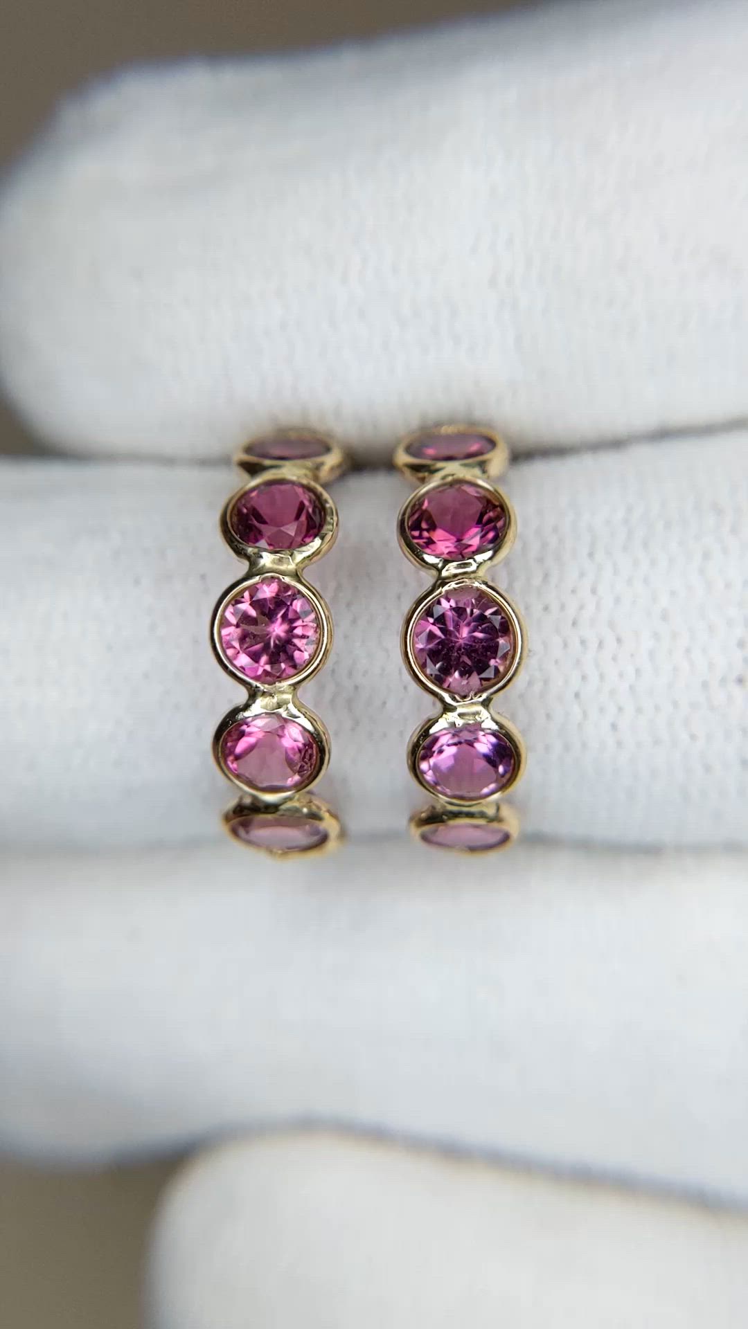 3.85 Ct.Tw.Total Carat Weight Pink Tourmaline Pave Earrings, 18K Yellow Gold Size Video
