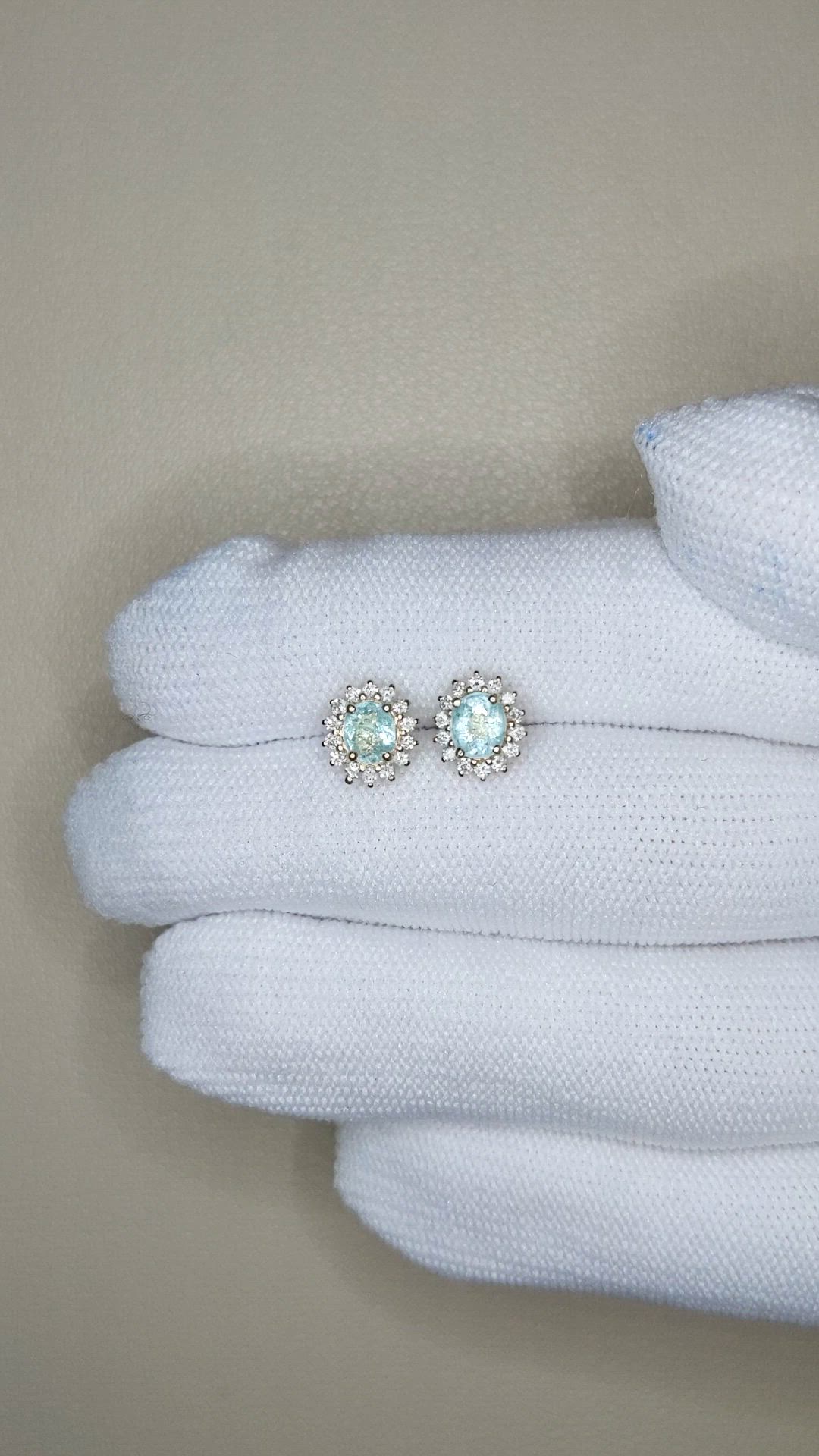 0.78 Ct.Tw.Total Carat Weight Blue Paraiba Tourmaline and Natural Diamond Studs Earrings, 14K Yellow Gold Size Video