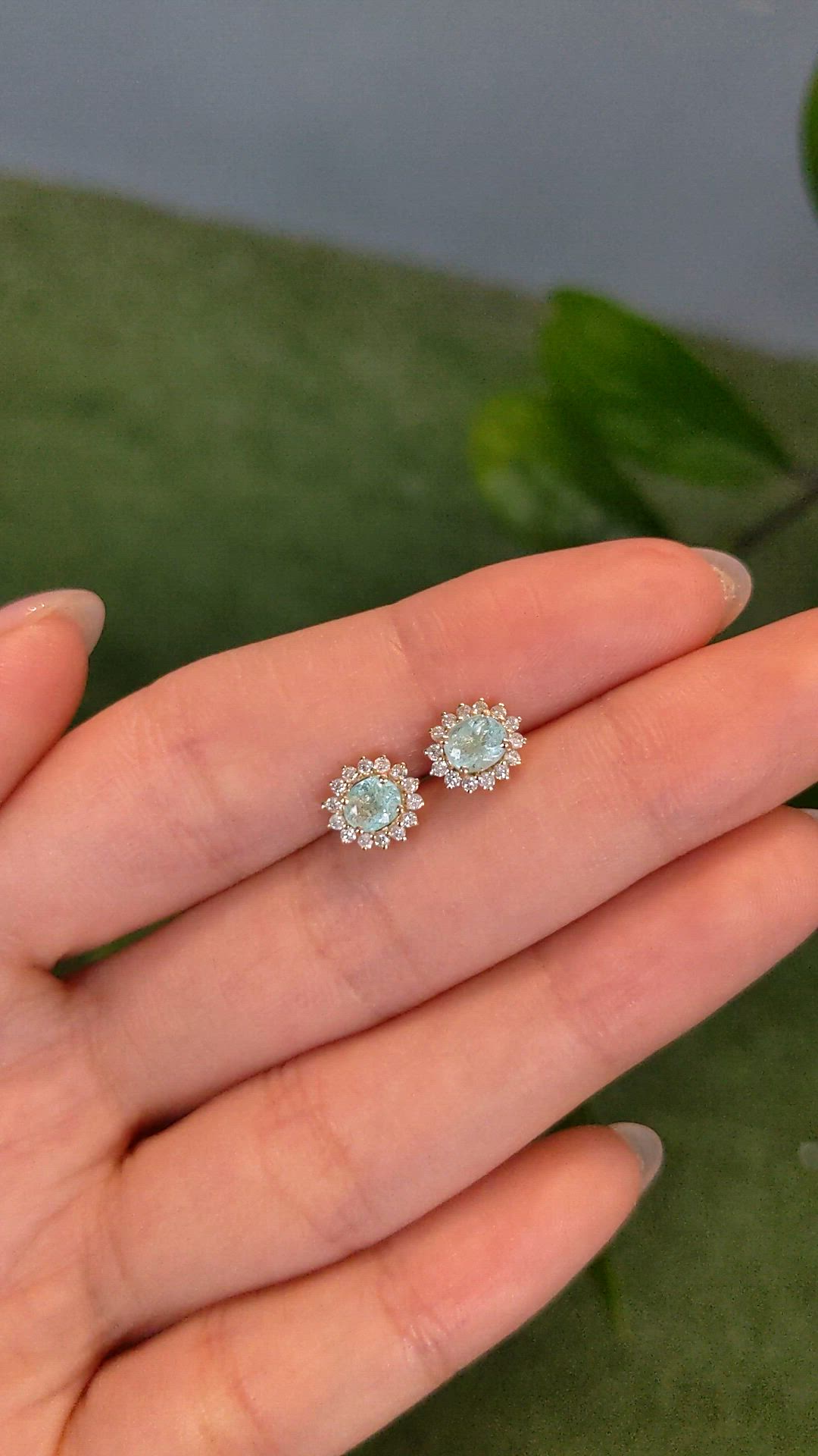 0.78 Ct.Tw.Total Carat Weight Blue Paraiba Tourmaline and Natural Diamond Studs Earrings, 14K Yellow Gold Size Video