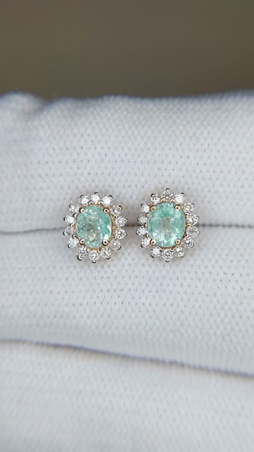 0.78 Ct.Tw.Total Carat Weight Blue Paraiba Tourmaline and Natural Diamond Studs Earrings, 14K Yellow Gold Size Video