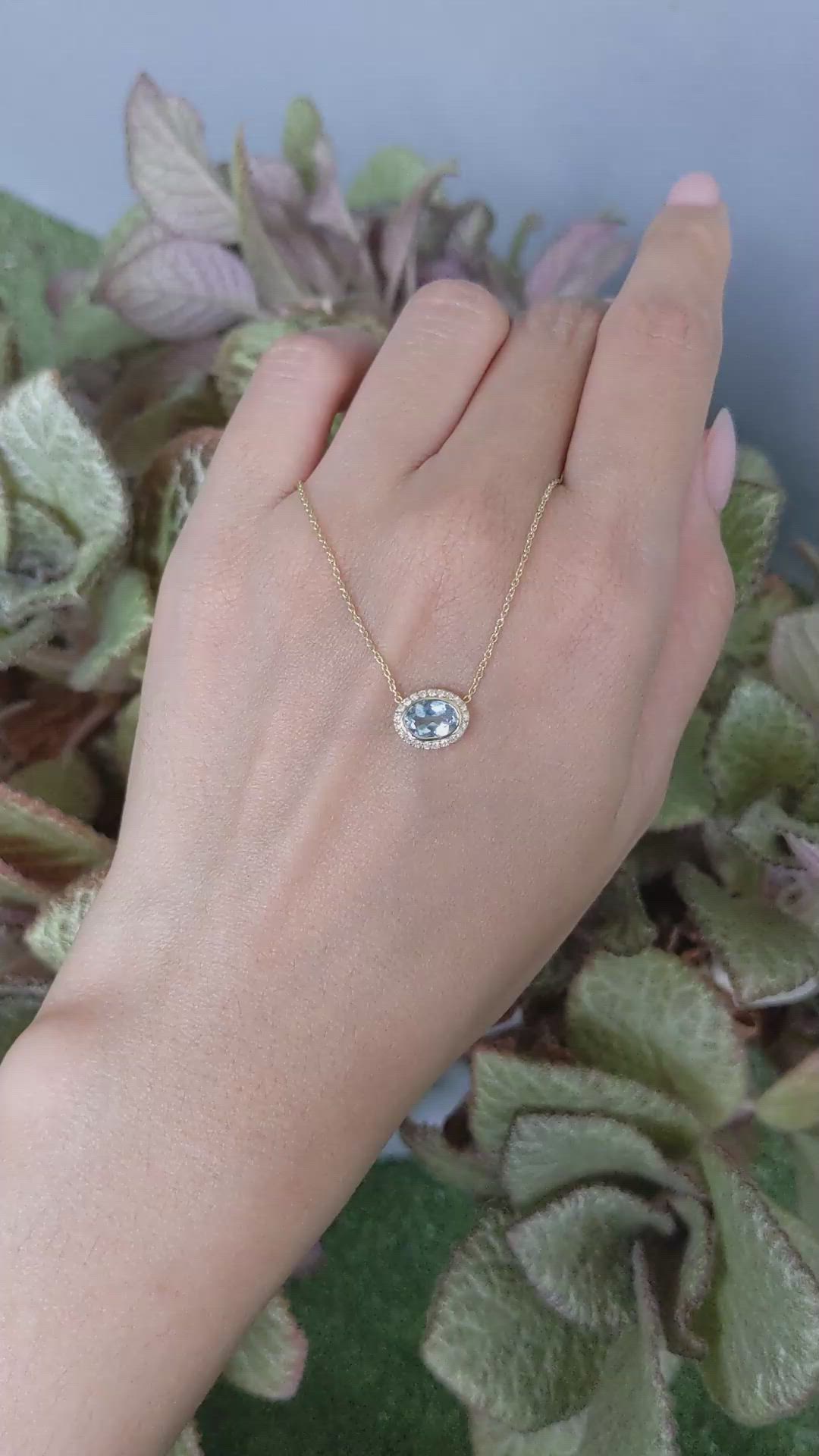 0.60 Ct. Blue Aquamarine and Natural Diamond Pave Necklace, 14K Yellow Gold Size Video