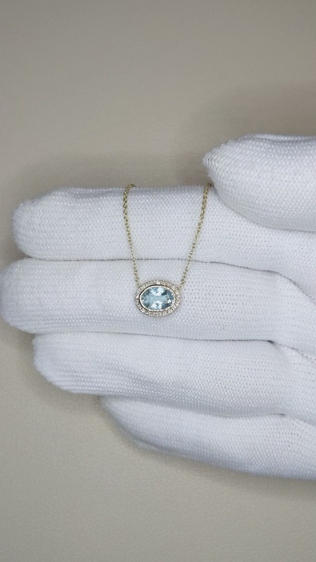 0.60 Ct. Blue Aquamarine and Natural Diamond Pave Necklace, 14K Yellow Gold Size Video
