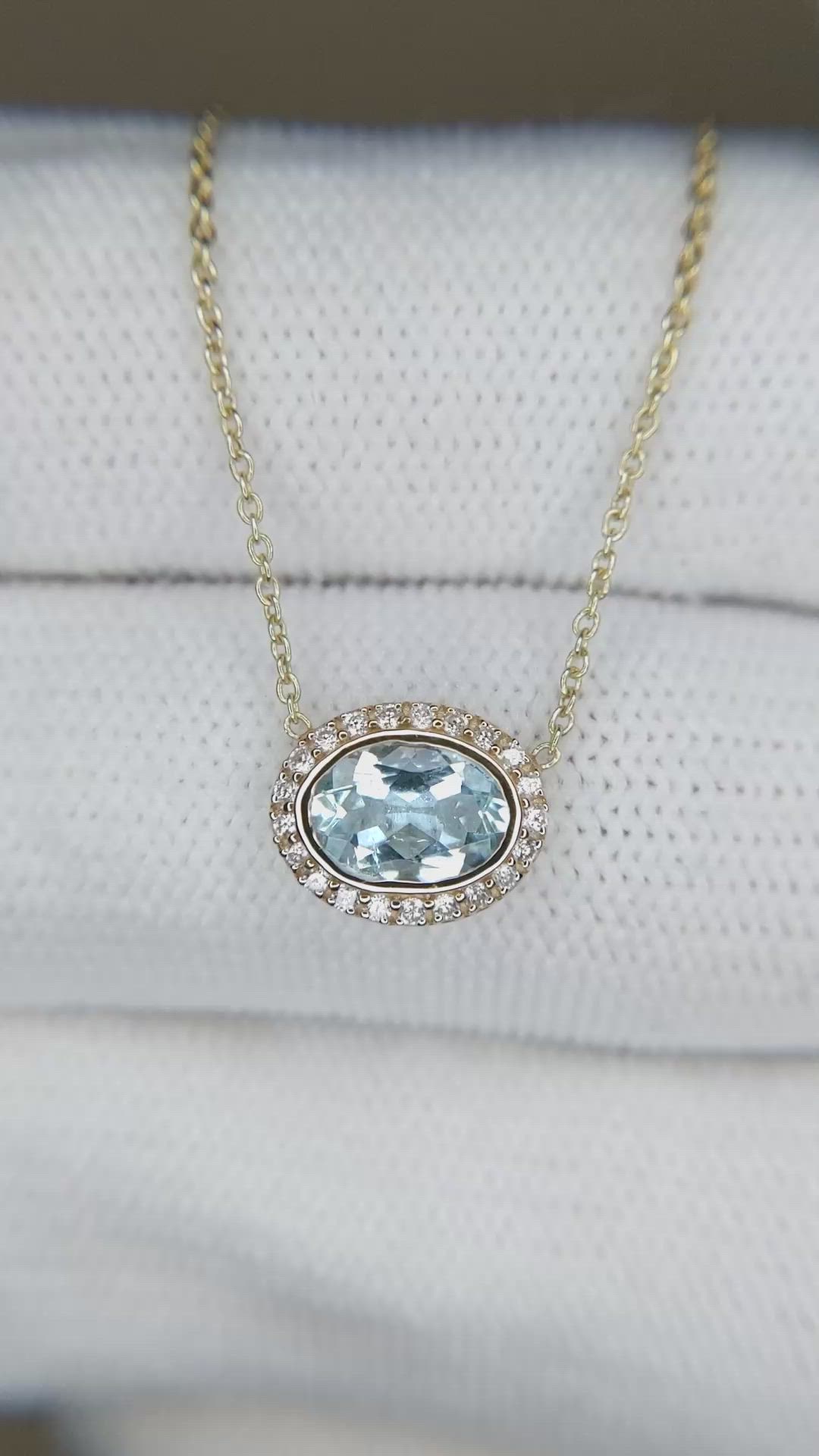 0.60 Ct. Blue Aquamarine and Natural Diamond Pave Necklace, 14K Yellow Gold Size Video