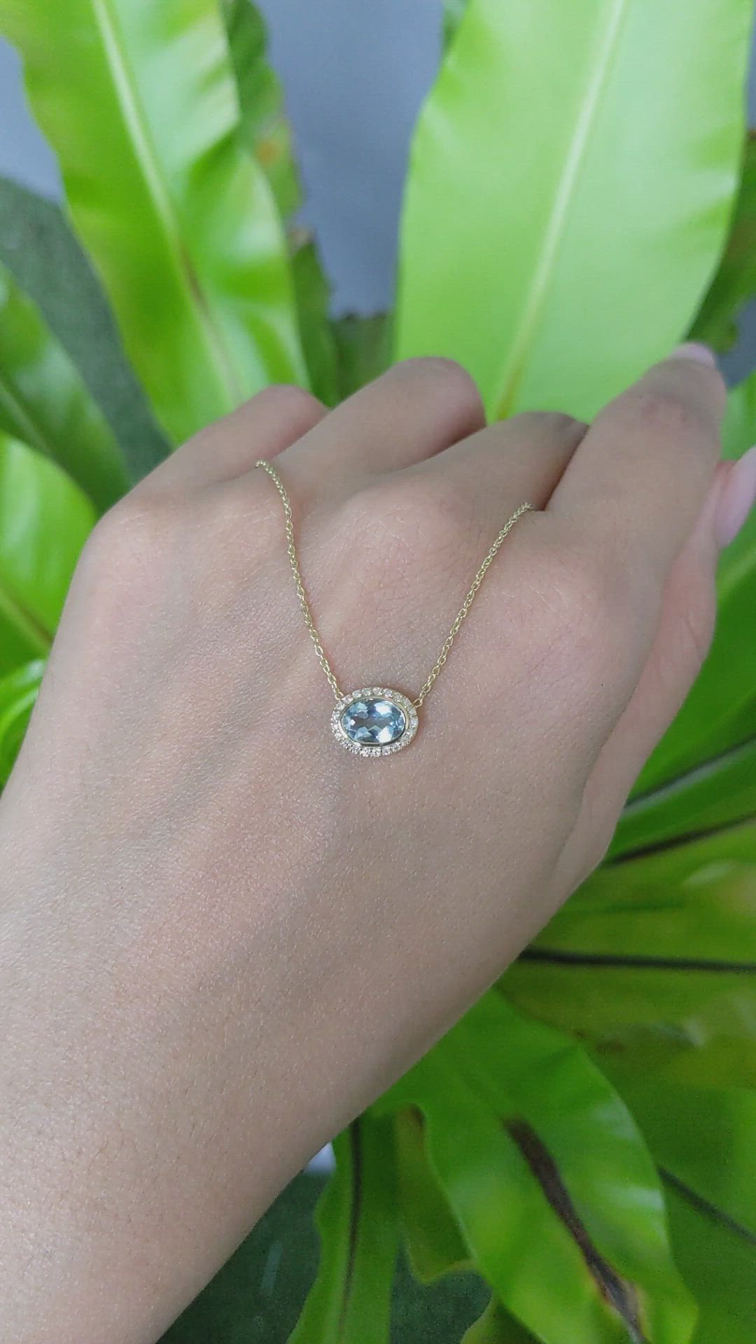 0.60 Ct. Blue Aquamarine and Natural Diamond Pave Necklace, 14K Yellow Gold Size Video