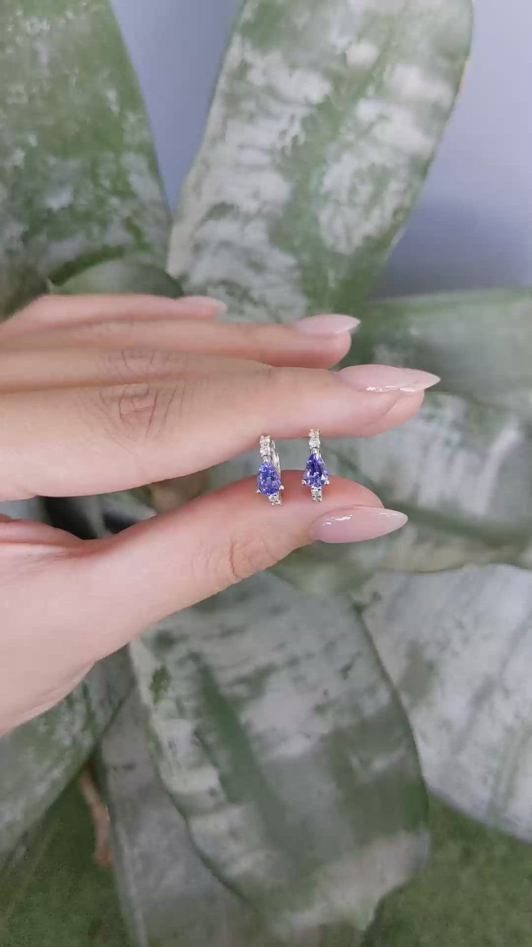 0.96&nbsp;Ct.Tw.Total Carat Weight Violetish Blue Tanzanite and Natural Diamond Pave Earrings, 14K White Gold Size Video