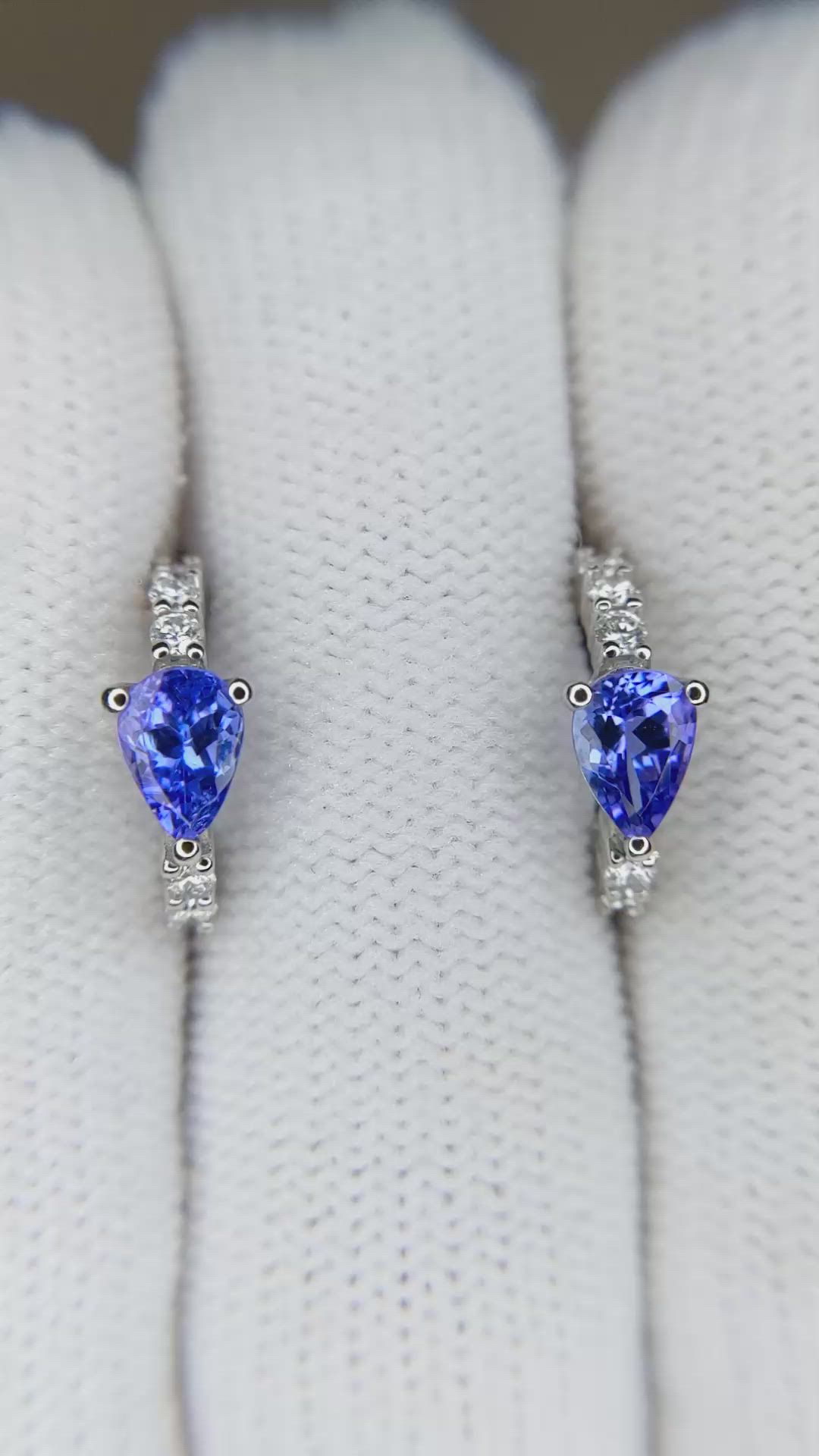 0.96&nbsp;Ct.Tw.Total Carat Weight Violetish Blue Tanzanite and Natural Diamond Pave Earrings, 14K White Gold Size Video