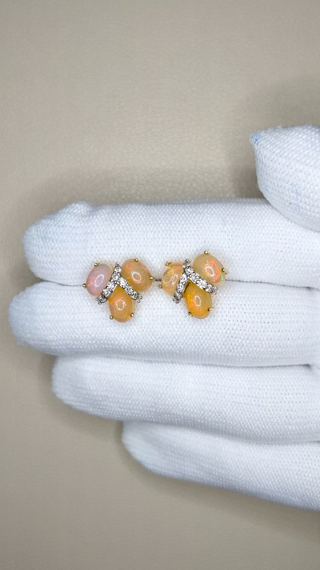 3.62 Ct.Tw.Total Carat Weight Multi Color Opal and Natural Diamond Studs Earrings, 14K Yellow Gold Size Video