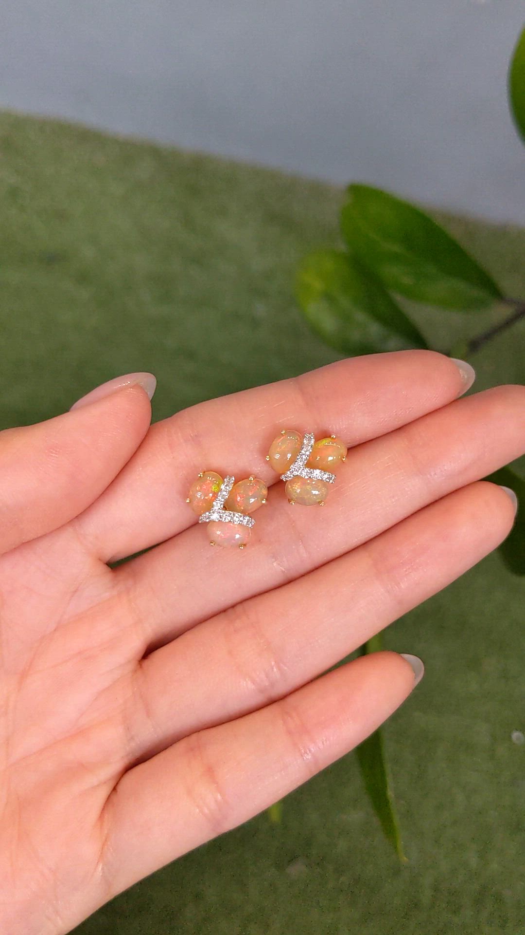 3.62 Ct.Tw.Total Carat Weight Multi Color Opal and Natural Diamond Studs Earrings, 14K Yellow Gold Size Video