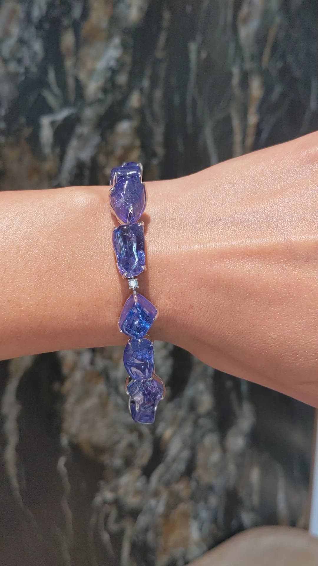 108.83&nbsp;Ct.Tw.Total Carat Weight Violetish Blue Tanzanite and Natural Diamond Accent Stones Bracelet, 18K White Gold Size Video