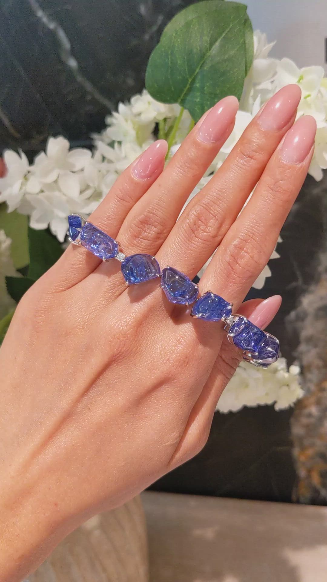 108.83&nbsp;Ct.Tw.Total Carat Weight Violetish Blue Tanzanite and Natural Diamond Accent Stones Bracelet, 18K White Gold Size Video