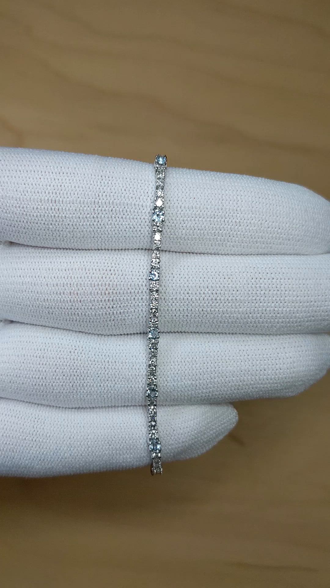 0.75&nbsp;Ct.Tw.Total Carat Weight Blue Aquamarine and Natural Diamond Pave Bracelet, 14K White Gold Size Video