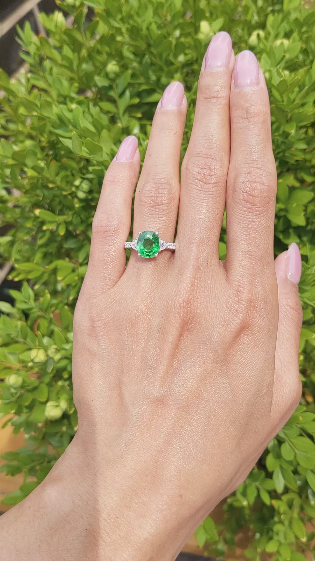 3.07 Ct. Tsavorite Garnet and Natural Diamond Pave Ring, Platinum 950 Size Video