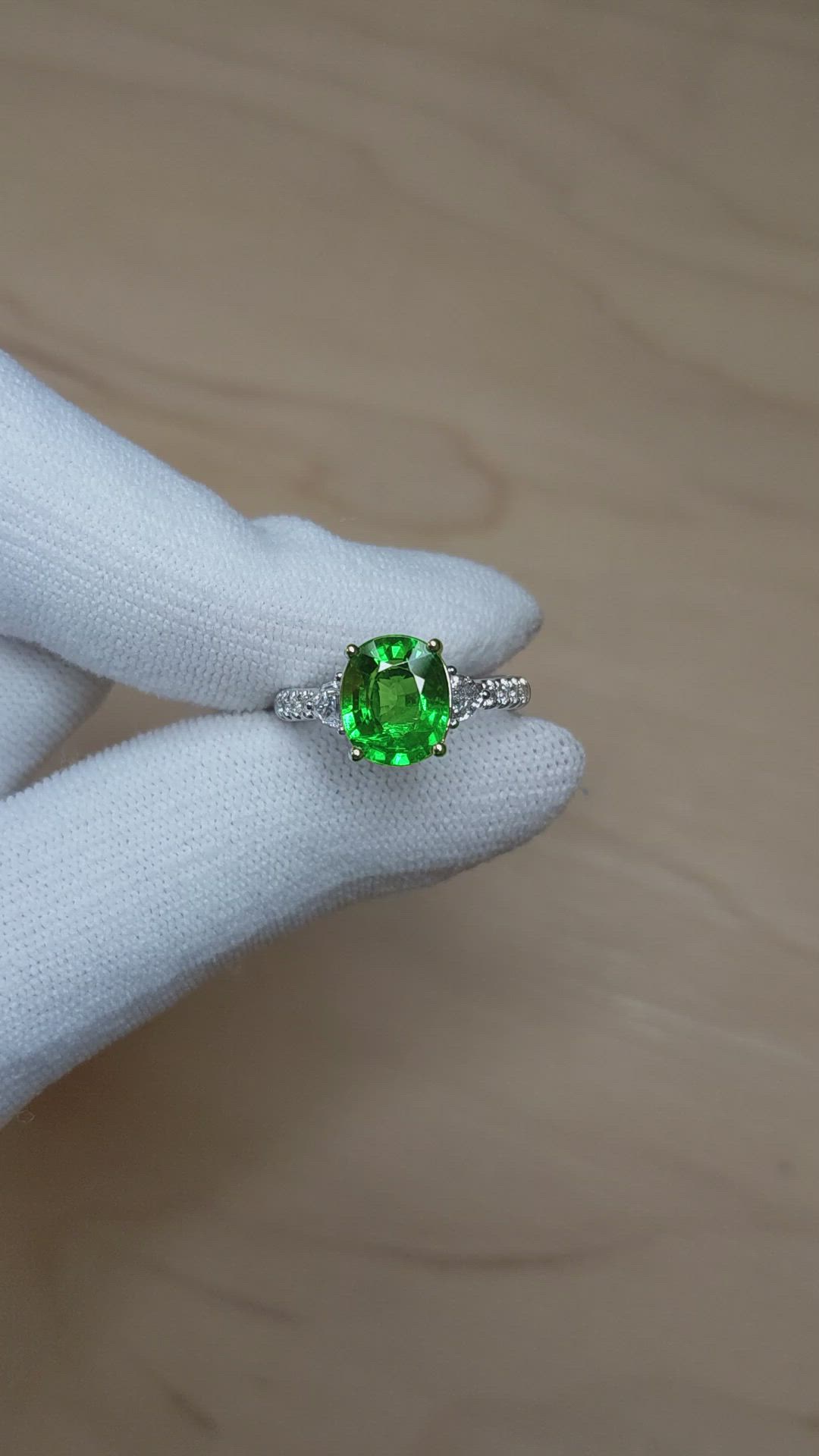 3.07 Ct. Tsavorite Garnet and Natural Diamond Pave Ring, Platinum 950 Size Video
