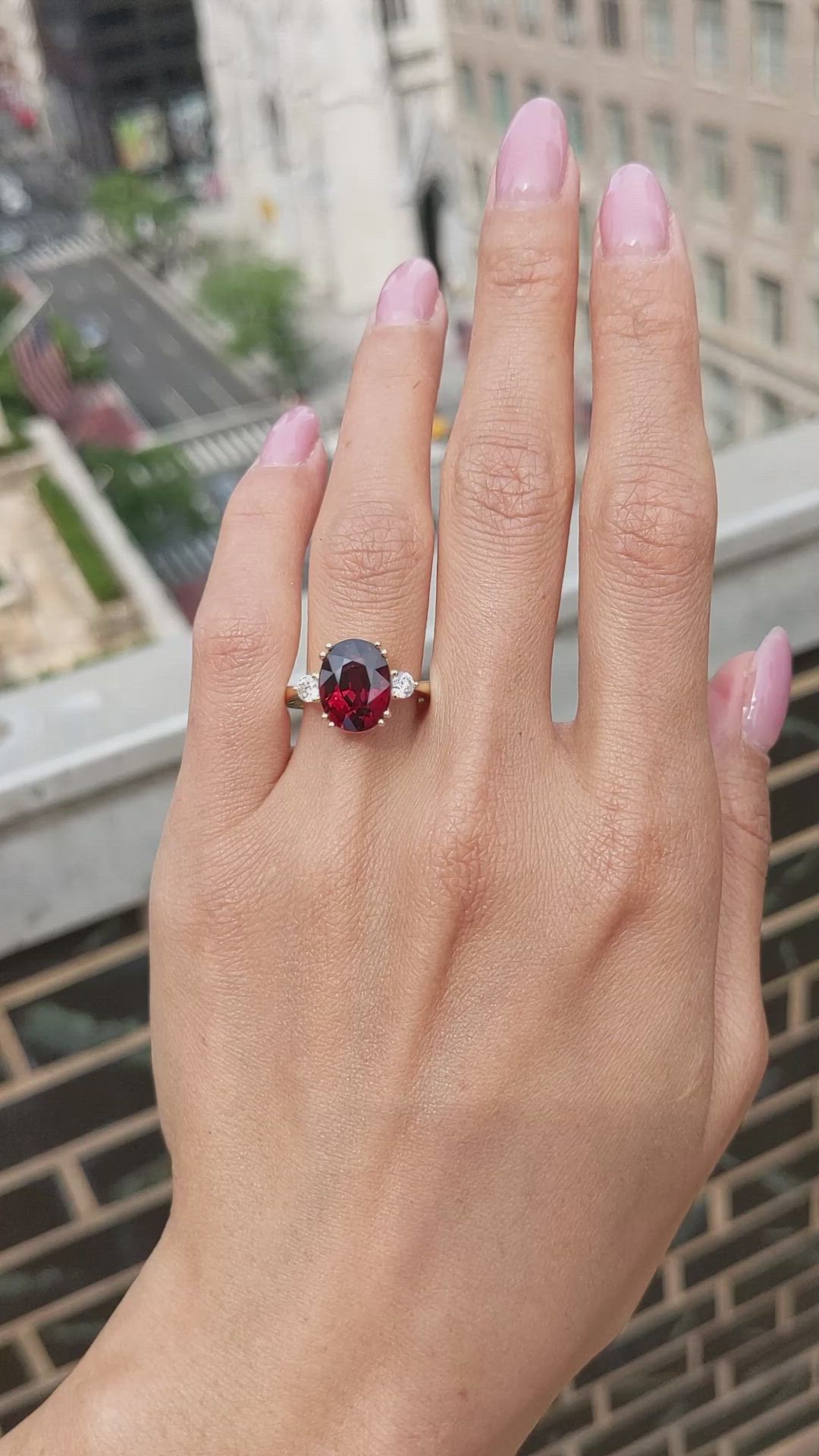 6.00 Ct. Red Rhodolite Garnet and Natural Diamond Three Stone Ring, 18K Yellow Gold Size Video