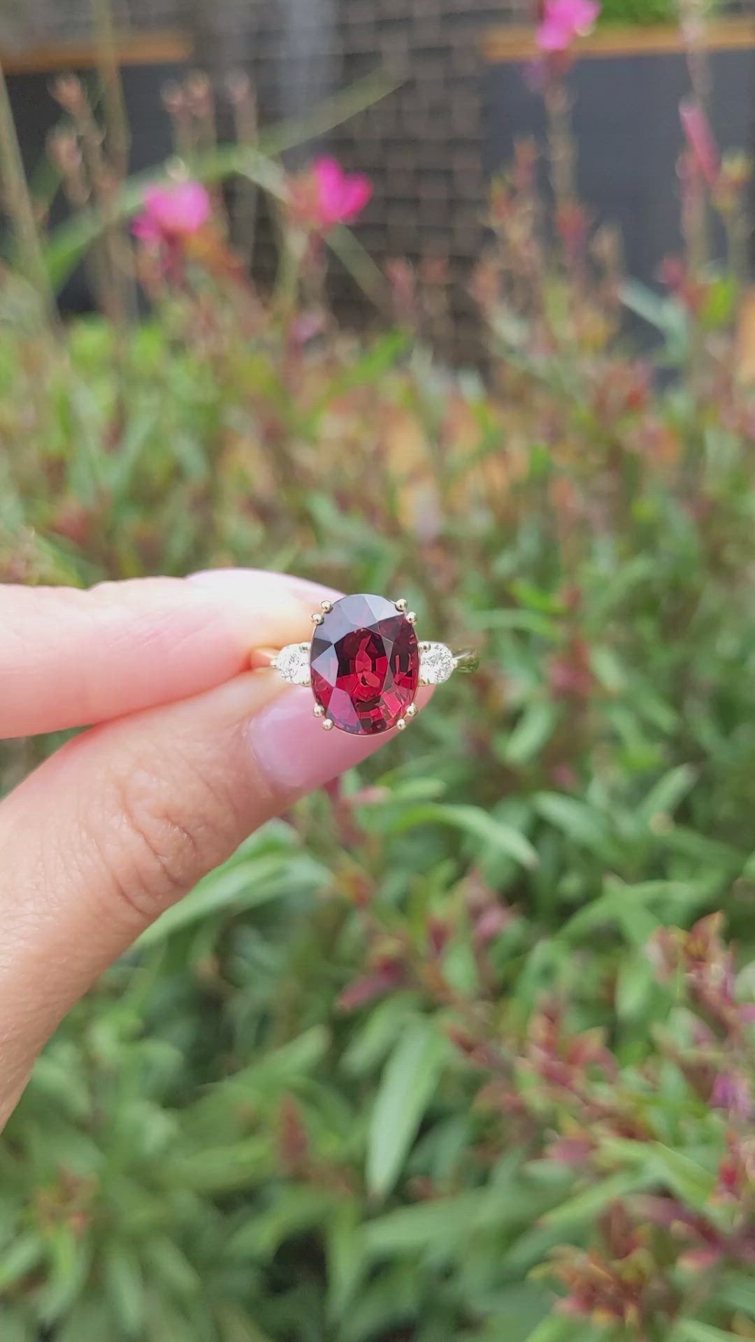 6.00 Ct. Red Rhodolite Garnet and Natural Diamond Three Stone Ring, 18K Yellow Gold Size Video
