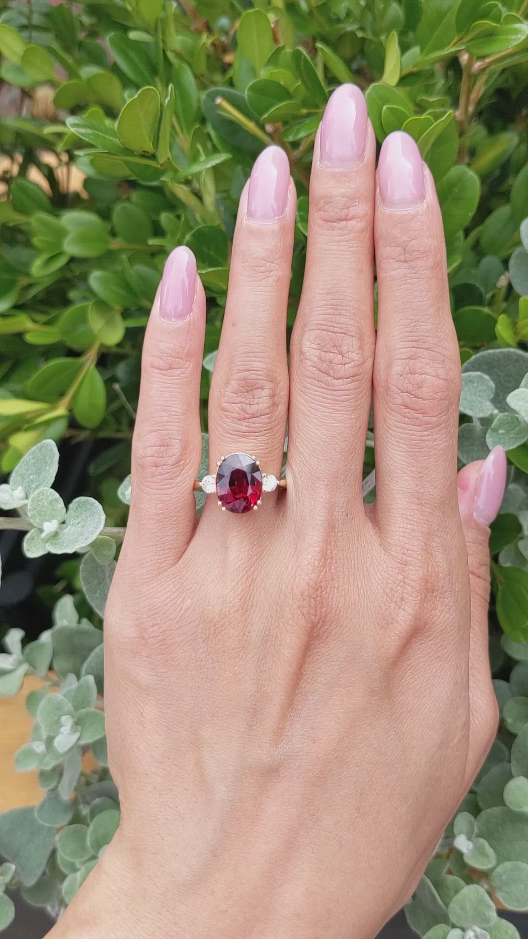 6.00 Ct. Red Rhodolite Garnet and Natural Diamond Three Stone Ring, 18K Yellow Gold Size Video