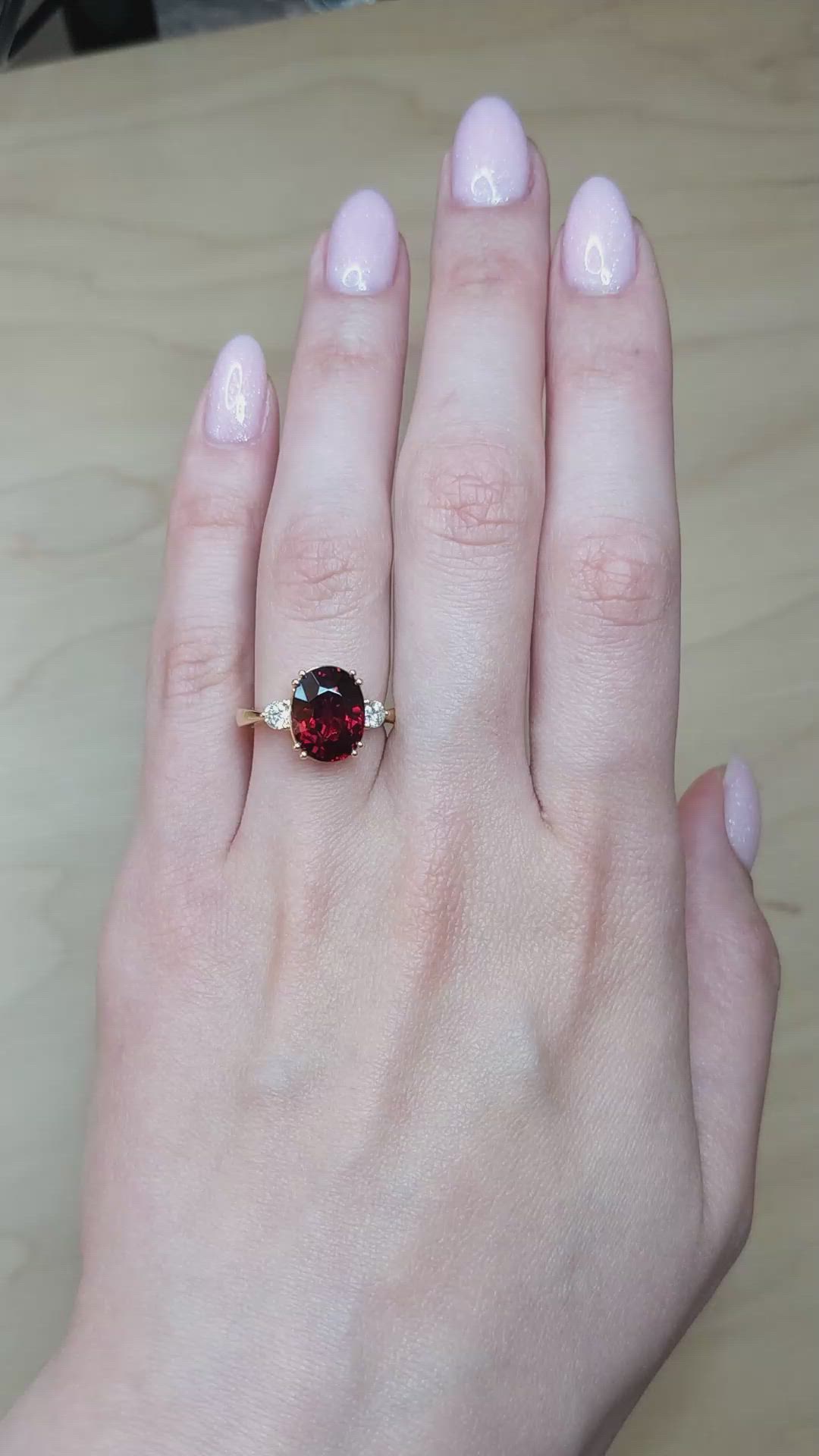 6.00 Ct. Red Rhodolite Garnet and Natural Diamond Three Stone Ring, 18K Yellow Gold Size Video
