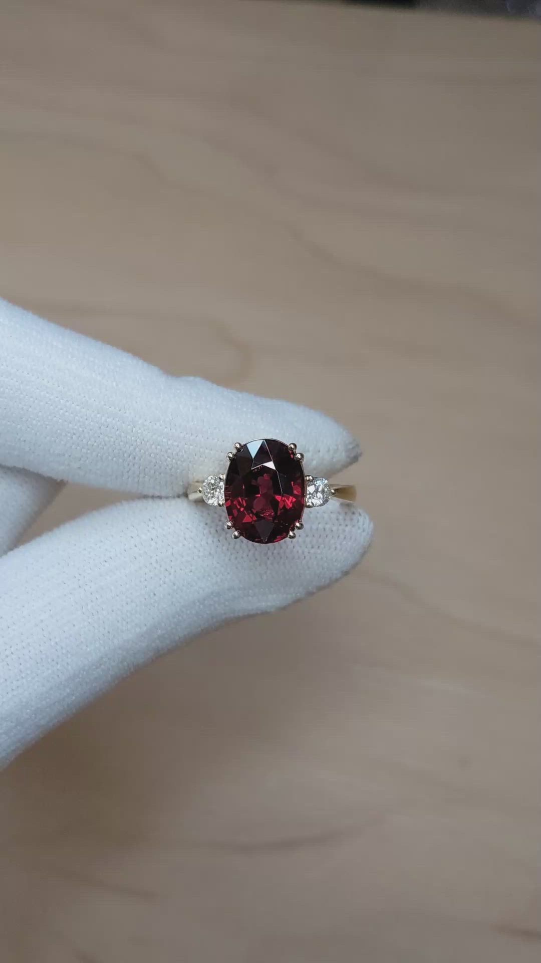 6.00 Ct. Red Rhodolite Garnet and Natural Diamond Three Stone Ring, 18K Yellow Gold Size Video