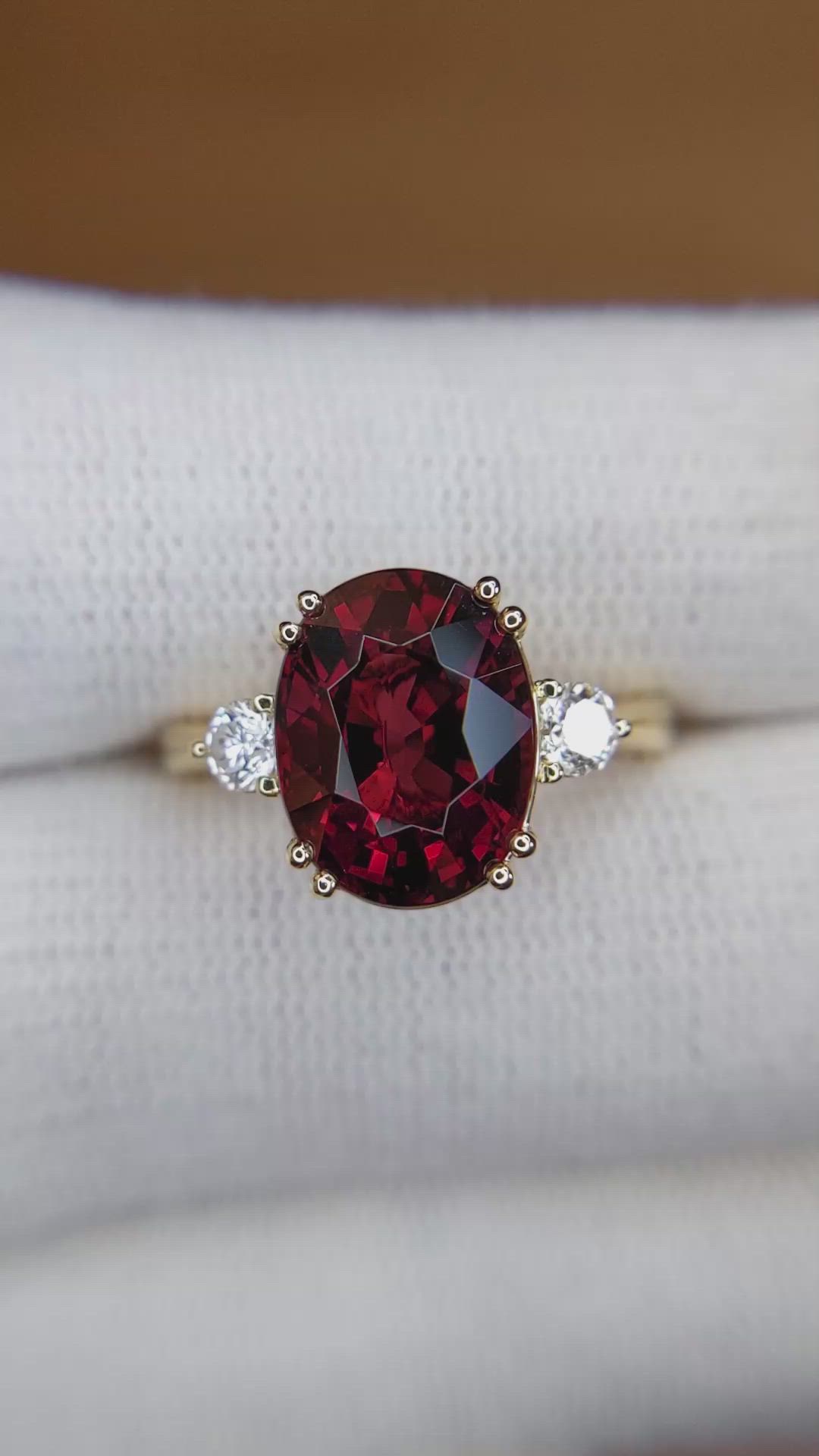 6.00 Ct. Red Rhodolite Garnet and Natural Diamond Three Stone Ring, 18K Yellow Gold Size Video
