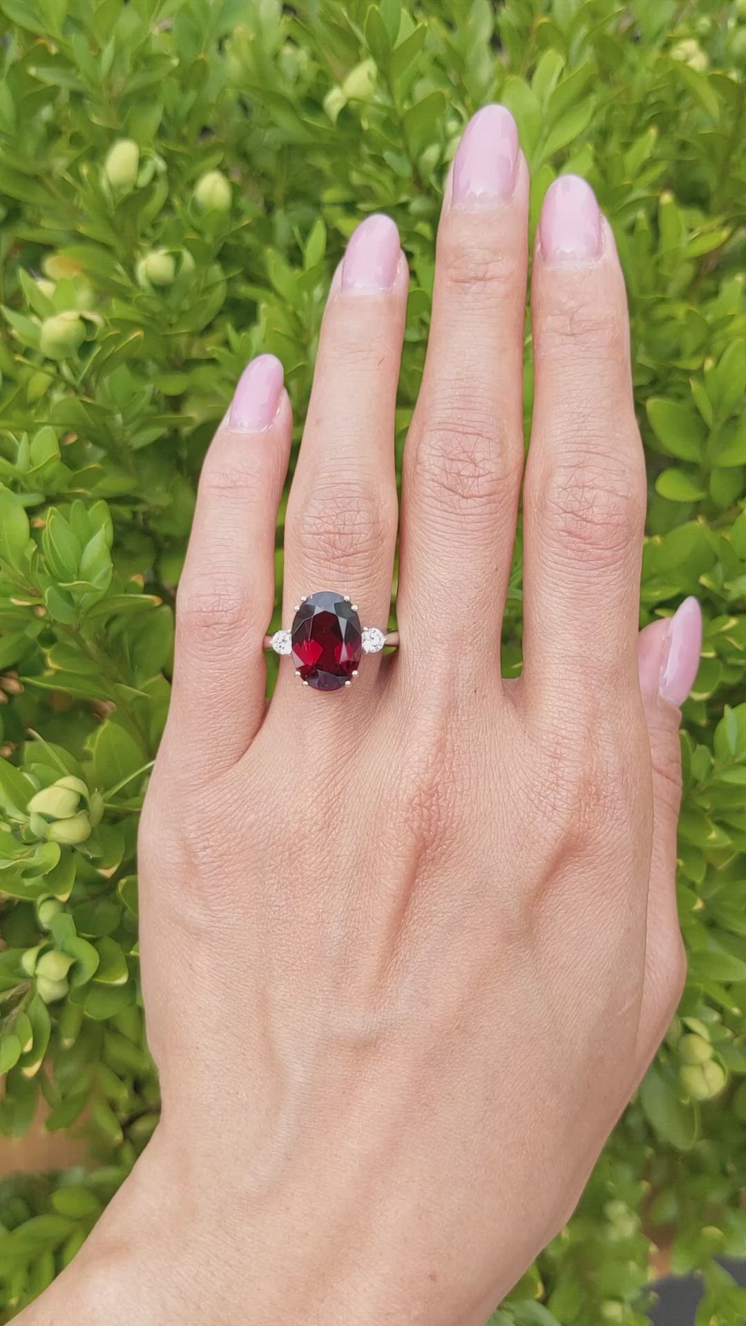 7.12 Ct. Red Rhodolite Garnet and Natural Diamond Three Stone Ring, 18K White & Yellow Size Video