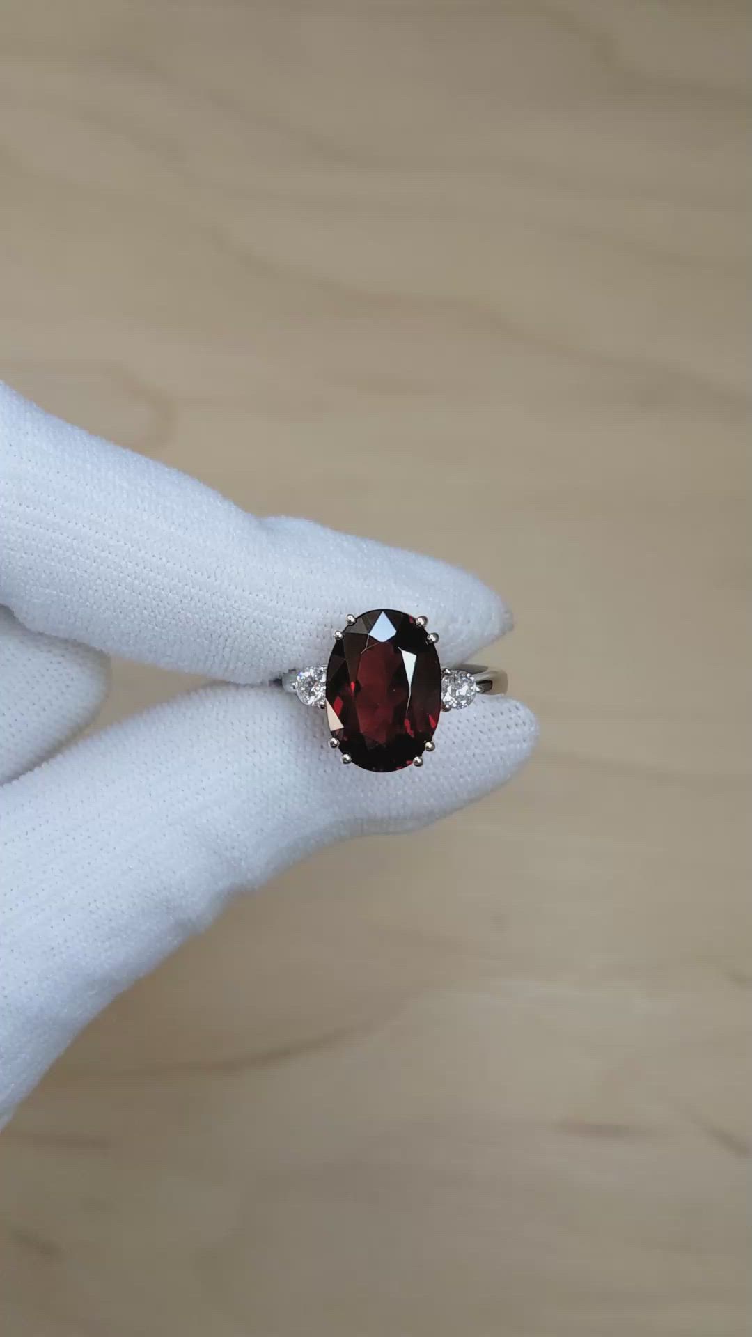 7.12 Ct. Red Rhodolite Garnet and Natural Diamond Three Stone Ring, 18K White & Yellow Size Video