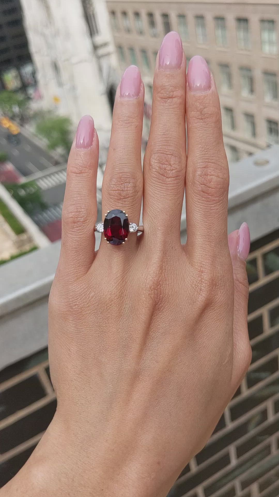 7.12 Ct. Red Rhodolite Garnet and Natural Diamond Three Stone Ring, 18K White & Yellow Size Video