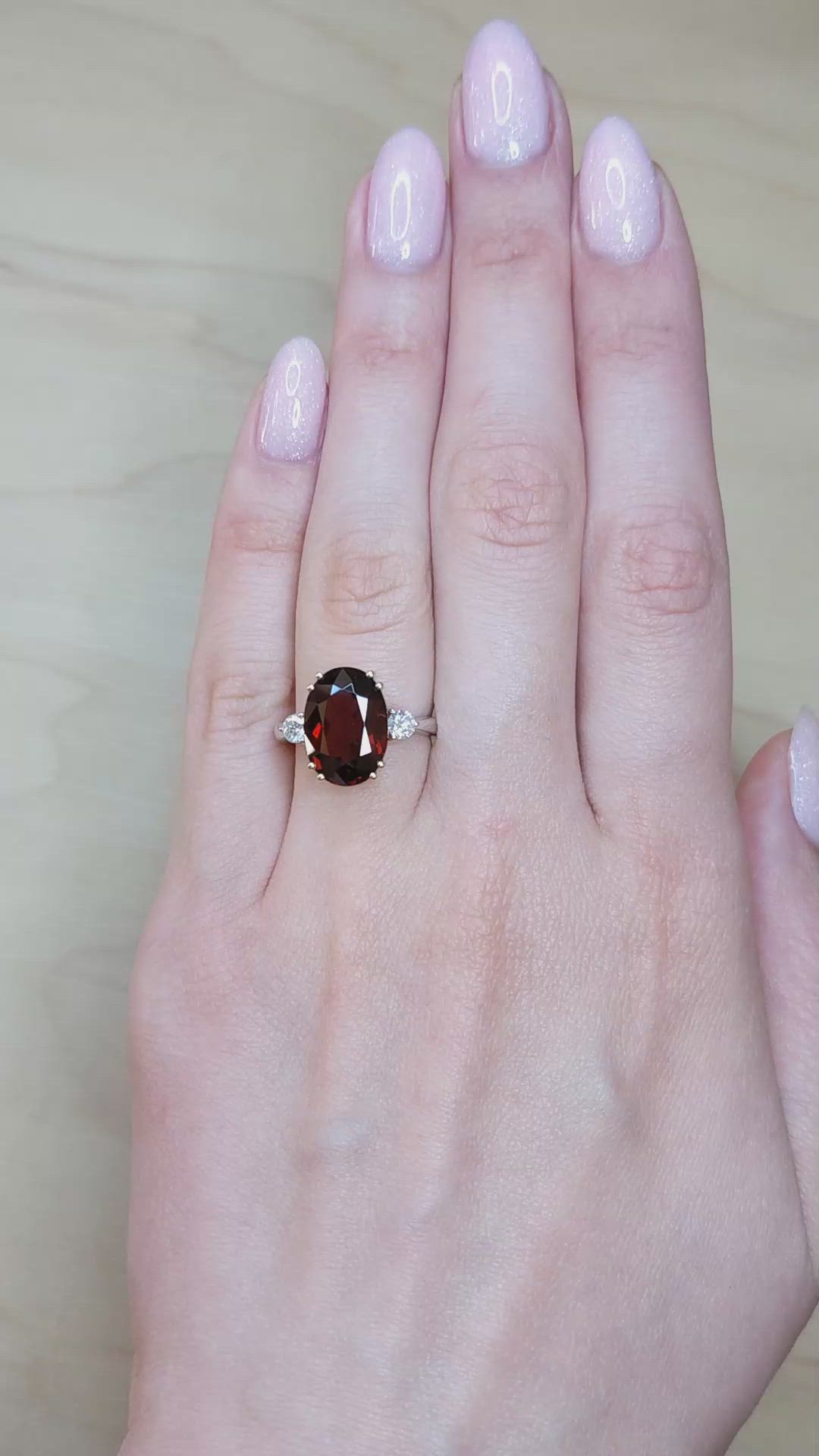7.12 Ct. Red Rhodolite Garnet and Natural Diamond Three Stone Ring, 18K White & Yellow Size Video