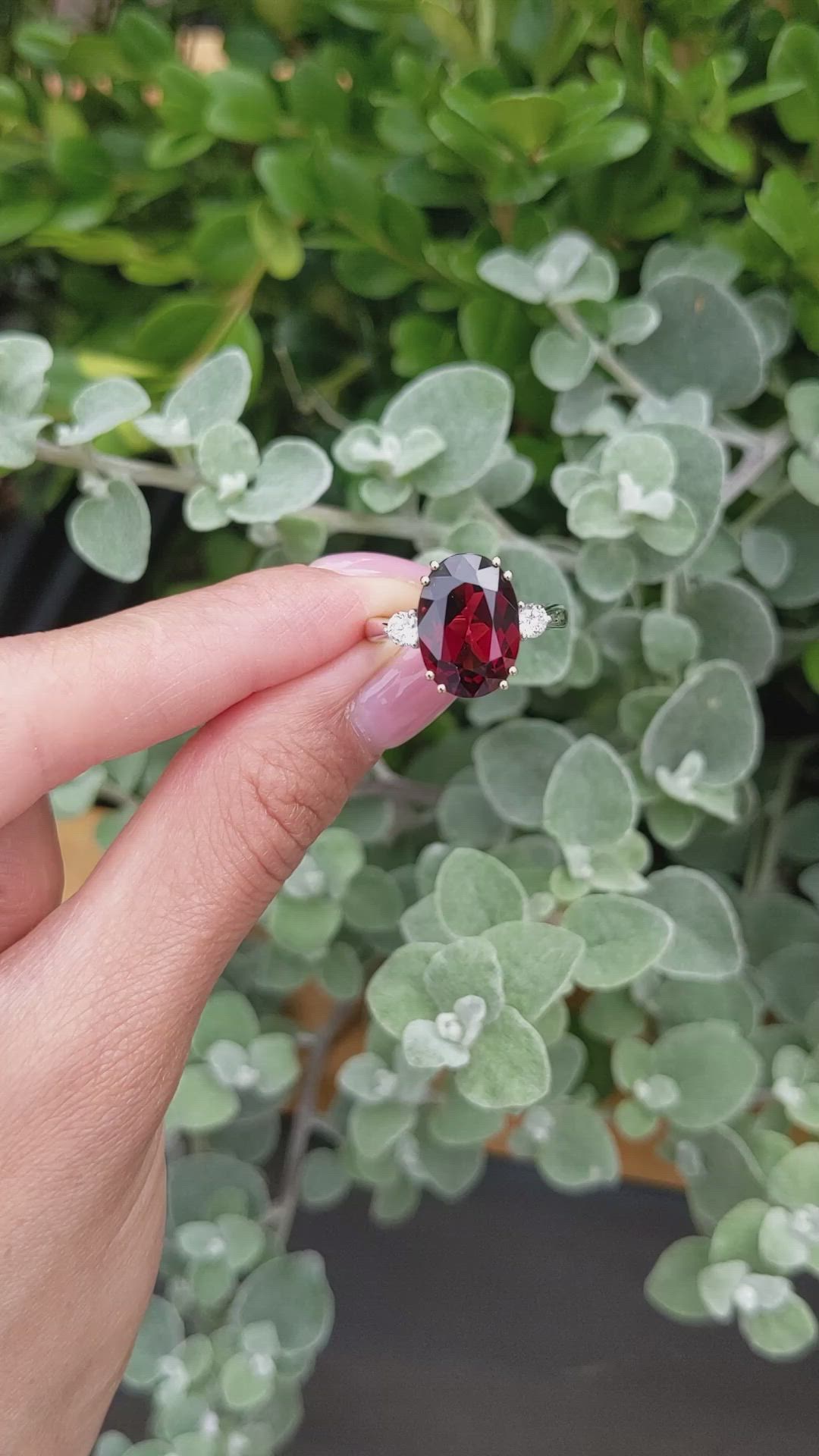7.12 Ct. Red Rhodolite Garnet and Natural Diamond Three Stone Ring, 18K White & Yellow Size Video