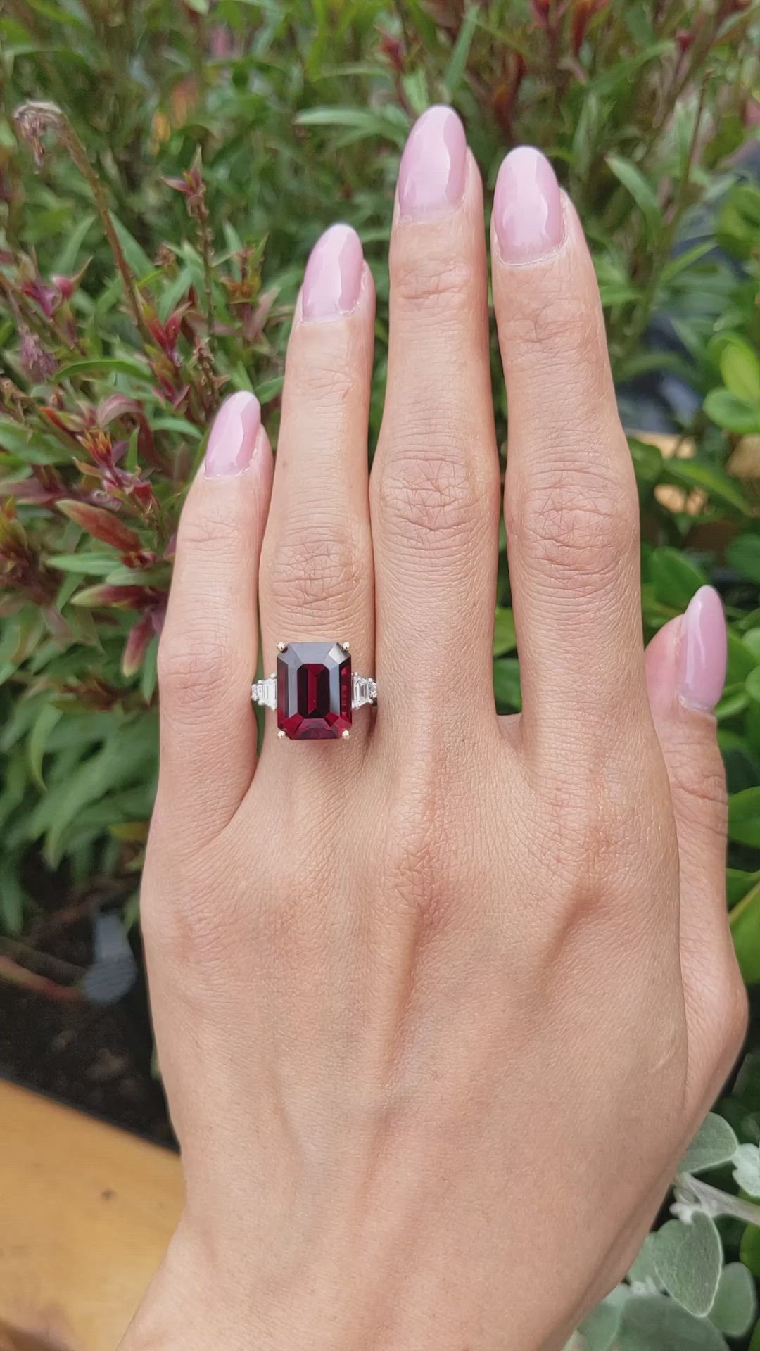 9.22 Ct. Red Rhodolite Garnet and Natural Diamond Three Stone Ring, 18K White & Yellow Size Video