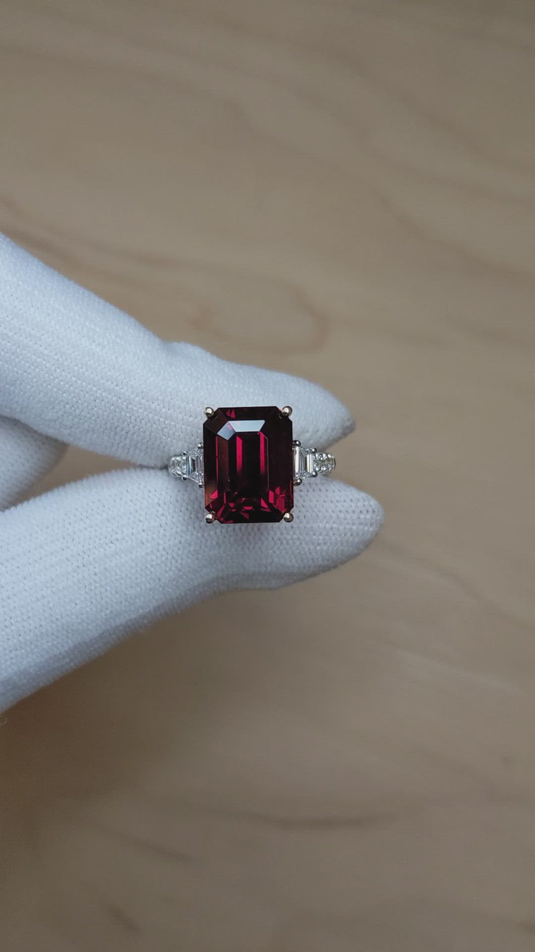 9.22 Ct. Red Rhodolite Garnet and Natural Diamond Three Stone Ring, 18K White & Yellow Size Video