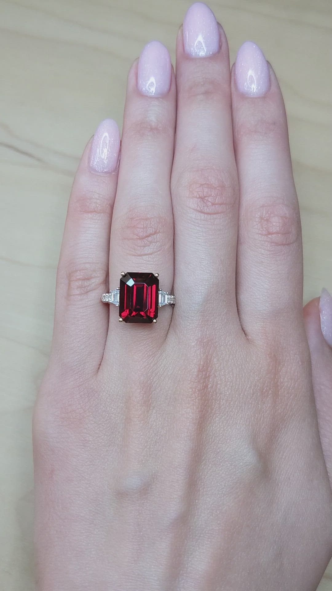 9.22 Ct. Red Rhodolite Garnet and Natural Diamond Three Stone Ring, 18K White & Yellow Size Video