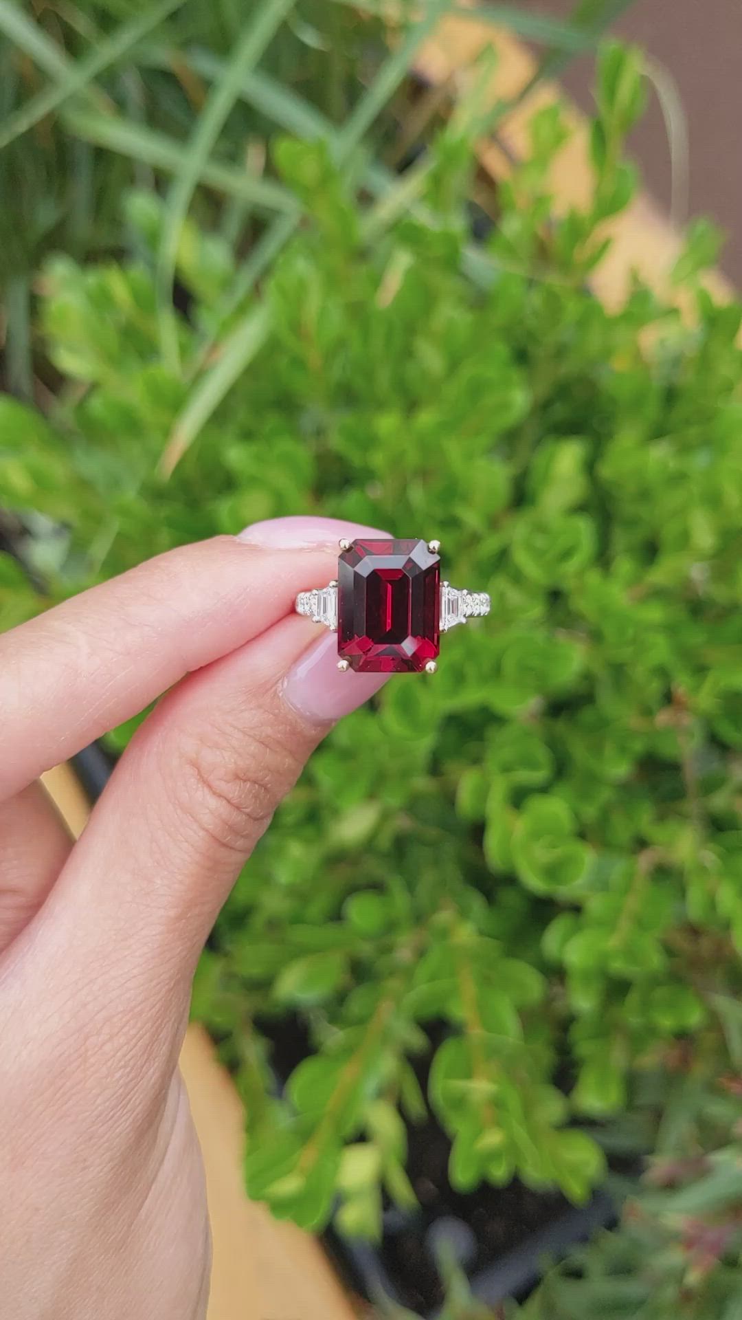 9.22 Ct. Red Rhodolite Garnet and Natural Diamond Three Stone Ring, 18K White & Yellow Size Video