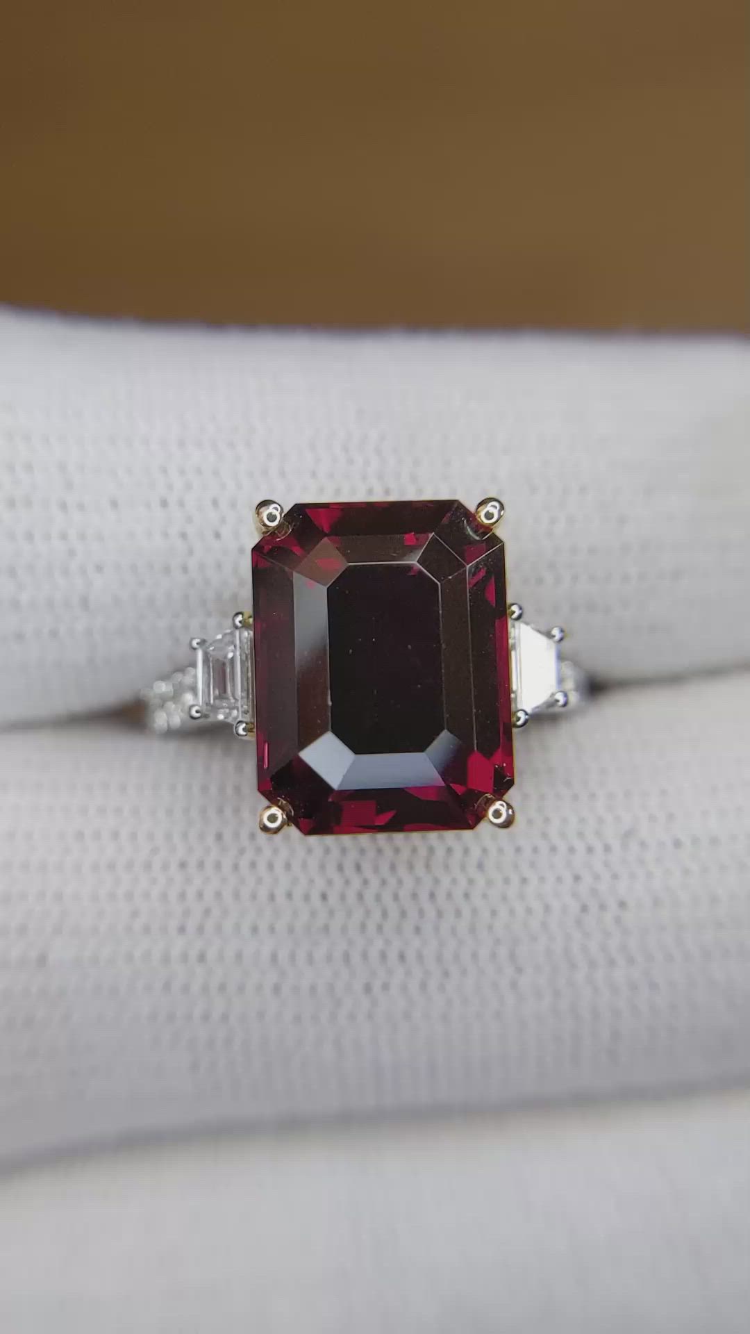9.22 Ct. Red Rhodolite Garnet and Natural Diamond Three Stone Ring, 18K White & Yellow Size Video