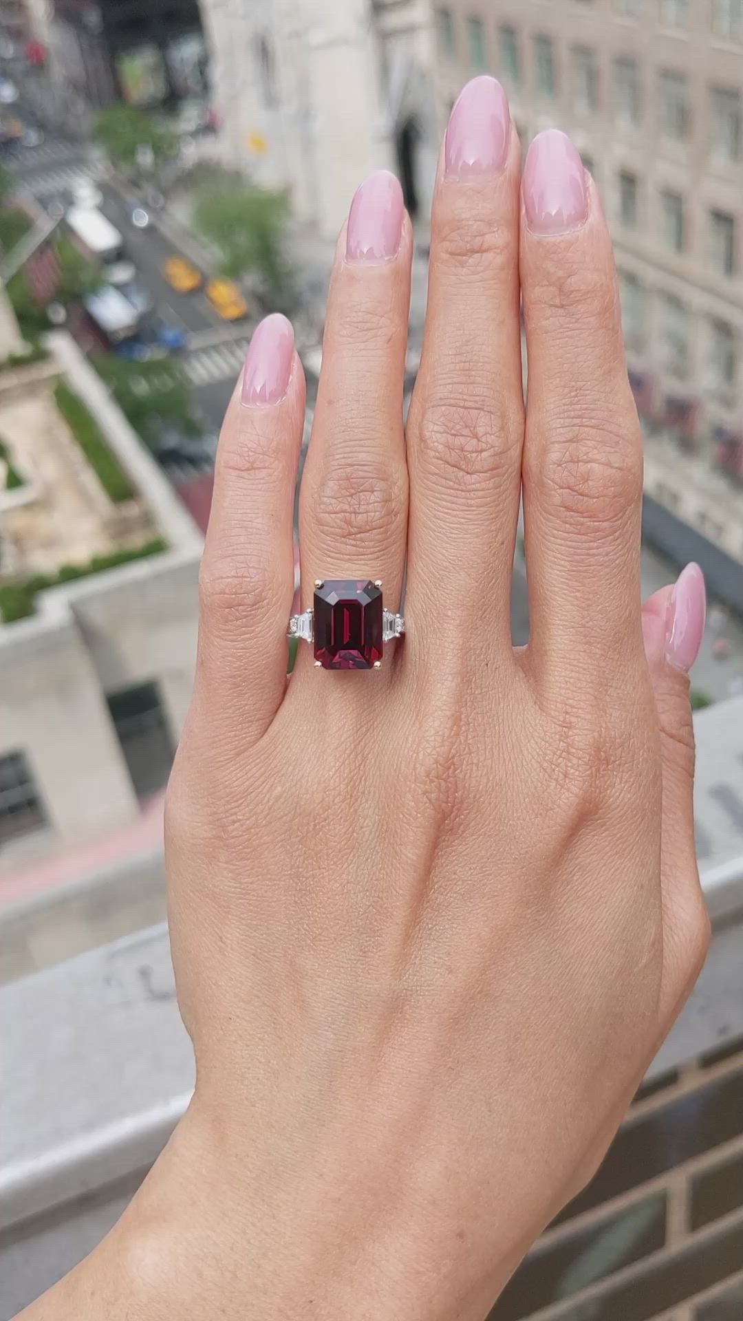 9.22 Ct. Red Rhodolite Garnet and Natural Diamond Three Stone Ring, 18K White & Yellow Size Video