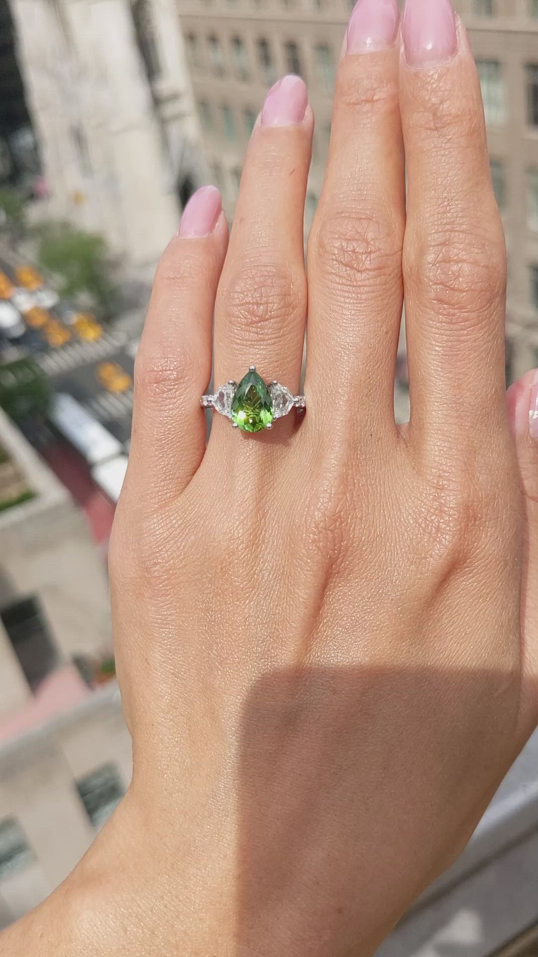 2.01 Ct. Green Paraiba Tourmaline and Natural Diamond Three Stone Ring, 18K White Gold Size Video