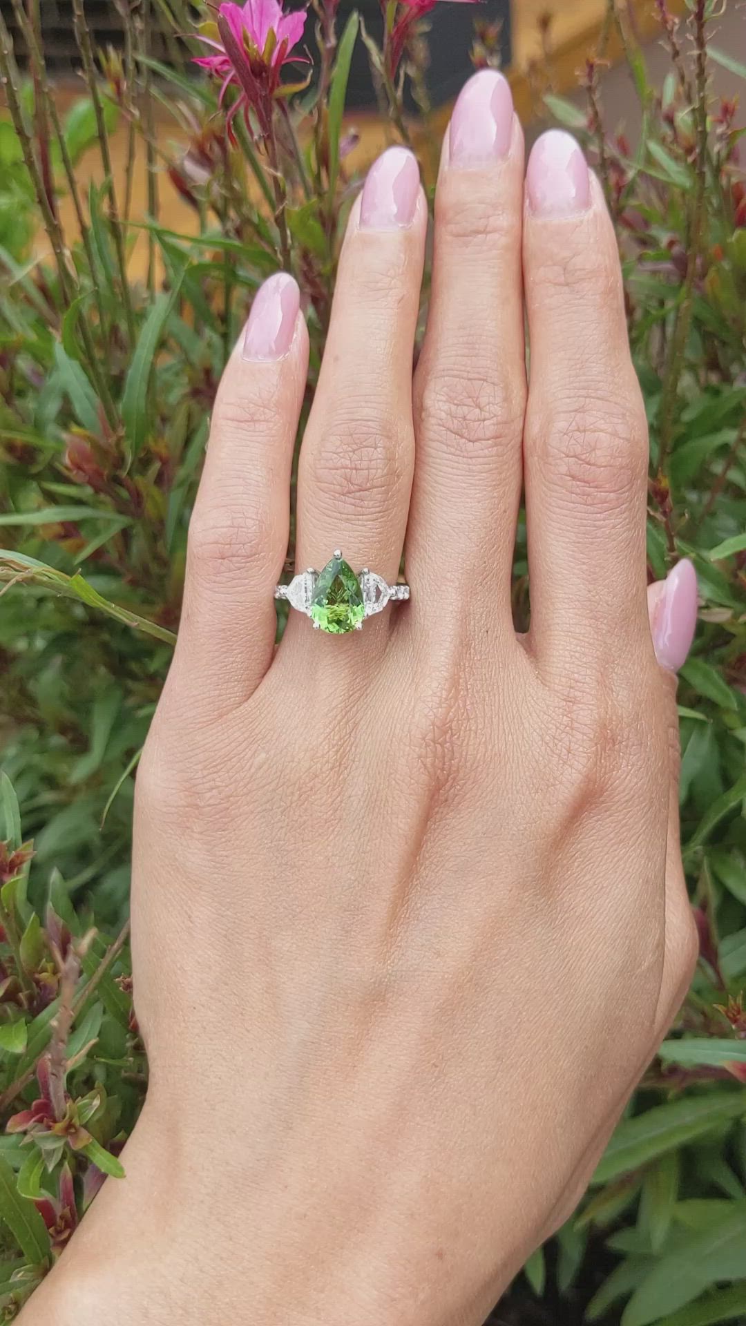 2.01 Ct. Green Paraiba Tourmaline and Natural Diamond Three Stone Ring, 18K White Gold Size Video