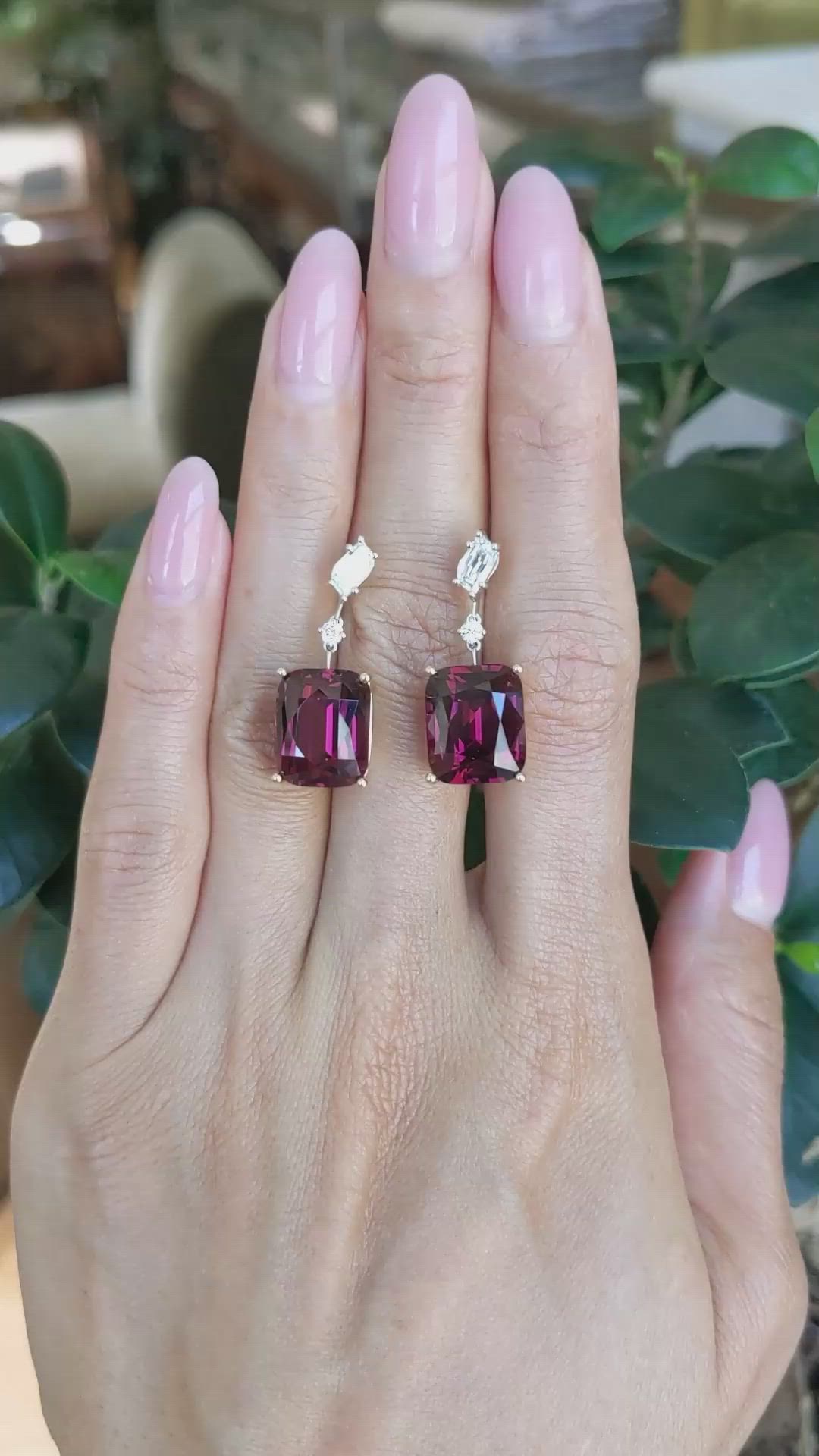 20.62 Ct.Tw.Total Carat Weight Red Rhodolite Garnet and Natural Diamond Accent Stones Earrings, 18K Yellow & White Size Video