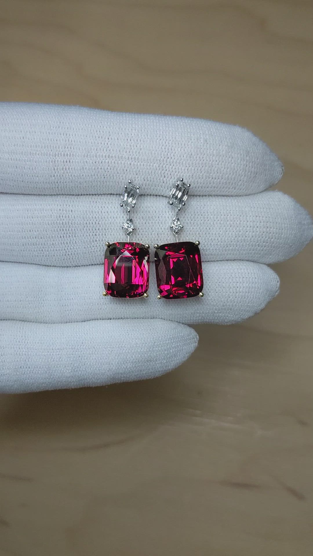 20.62 Ct.Tw.Total Carat Weight Red Rhodolite Garnet and Natural Diamond Accent Stones Earrings, 18K Yellow & White Size Video