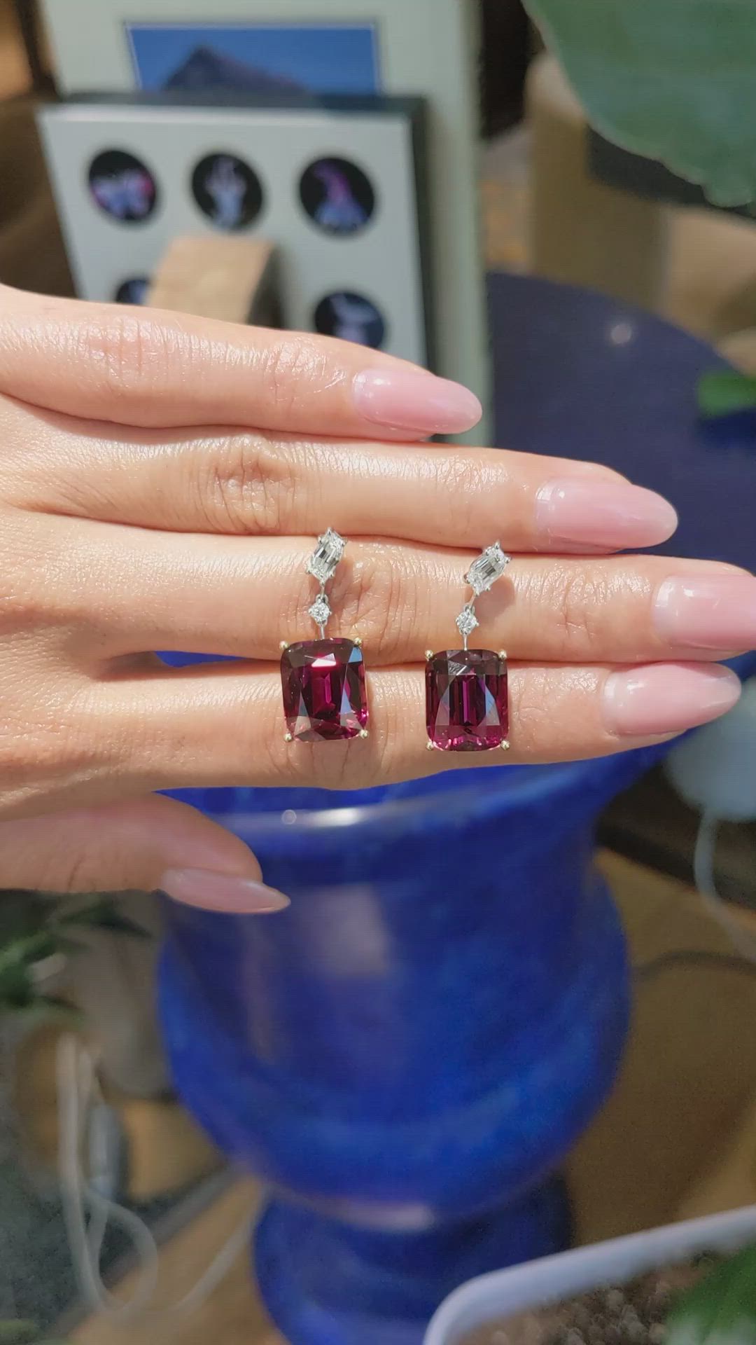 20.62 Ct.Tw.Total Carat Weight Red Rhodolite Garnet and Natural Diamond Accent Stones Earrings, 18K Yellow & White Size Video