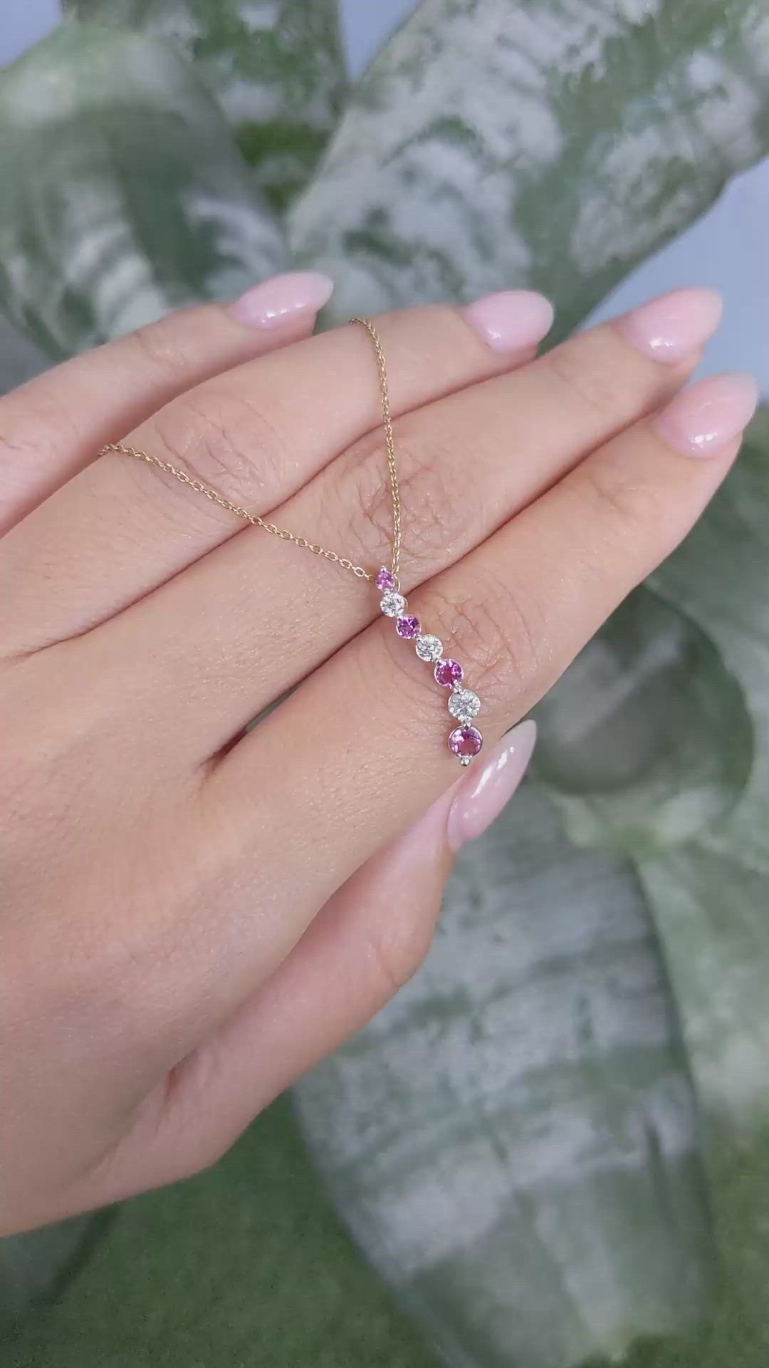 0.39 Ct. Pink Tourmaline and Natural Diamond Multi Stone Necklace, 14K Yellow Gold Size Video