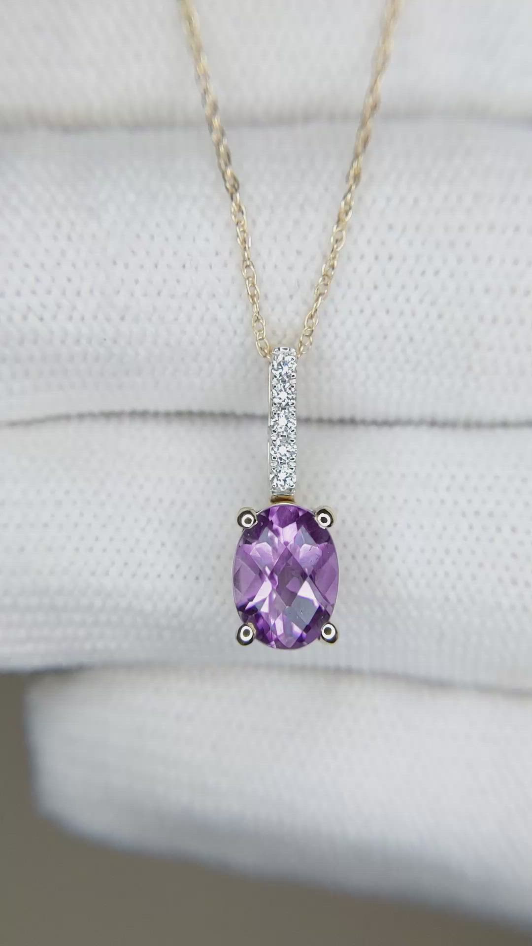 1.07 Ct. Purple Amethyst and Natural Diamond Solitaire Necklace, 14K Yellow Gold Size Video