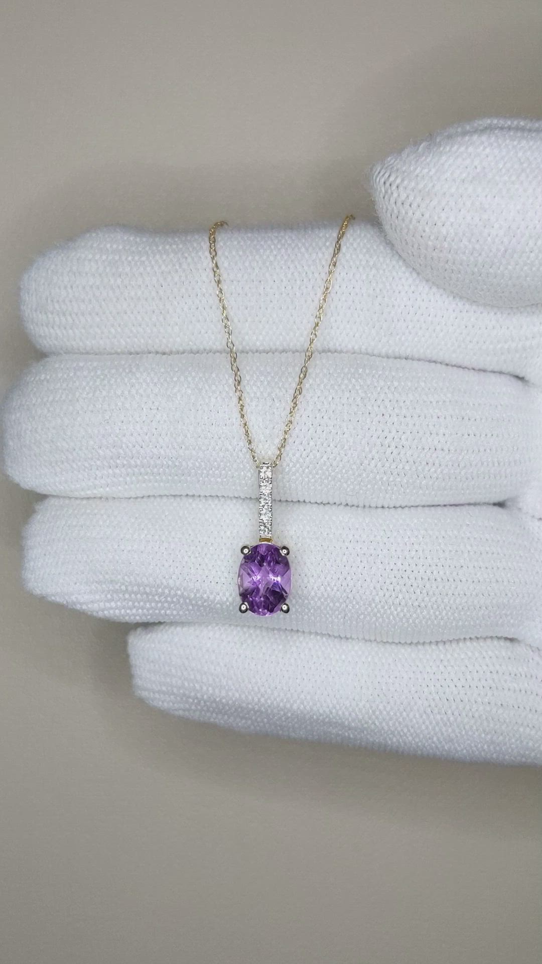 1.07 Ct. Purple Amethyst and Natural Diamond Solitaire Necklace, 14K Yellow Gold Size Video