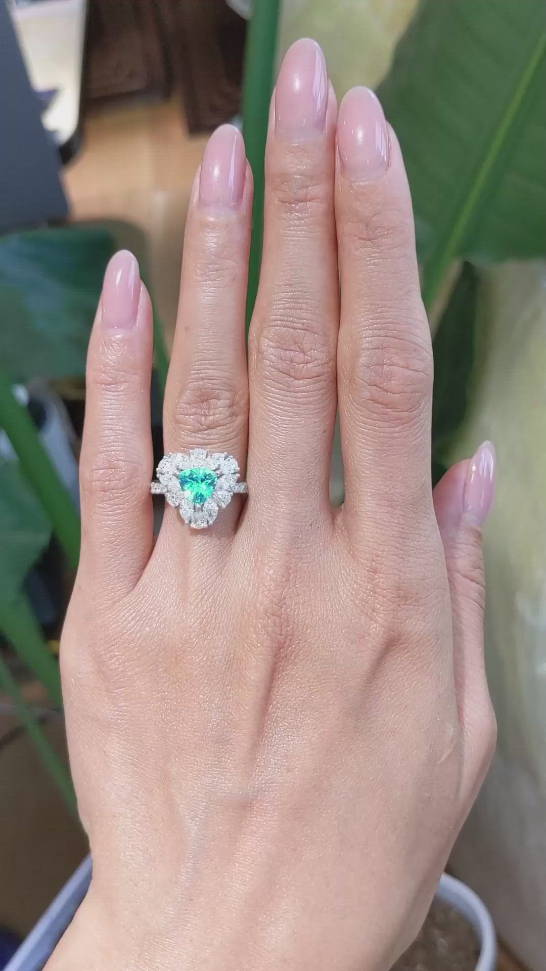 1.06 Ct. Greenish Blue Paraiba Tourmaline and Natural Diamond Pave Ring, Platinum 950 Size Video